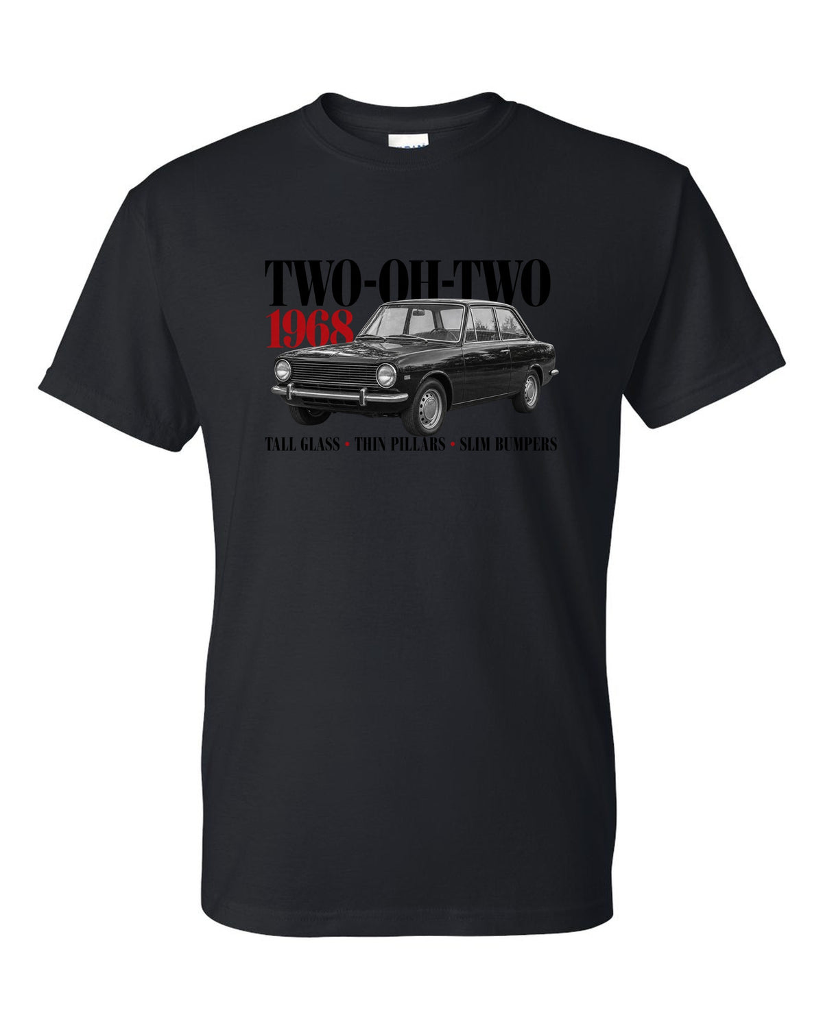 BMW 2002 editorial print with Two-Oh-Two 1968 headline and design details black t-shirt front view with the design