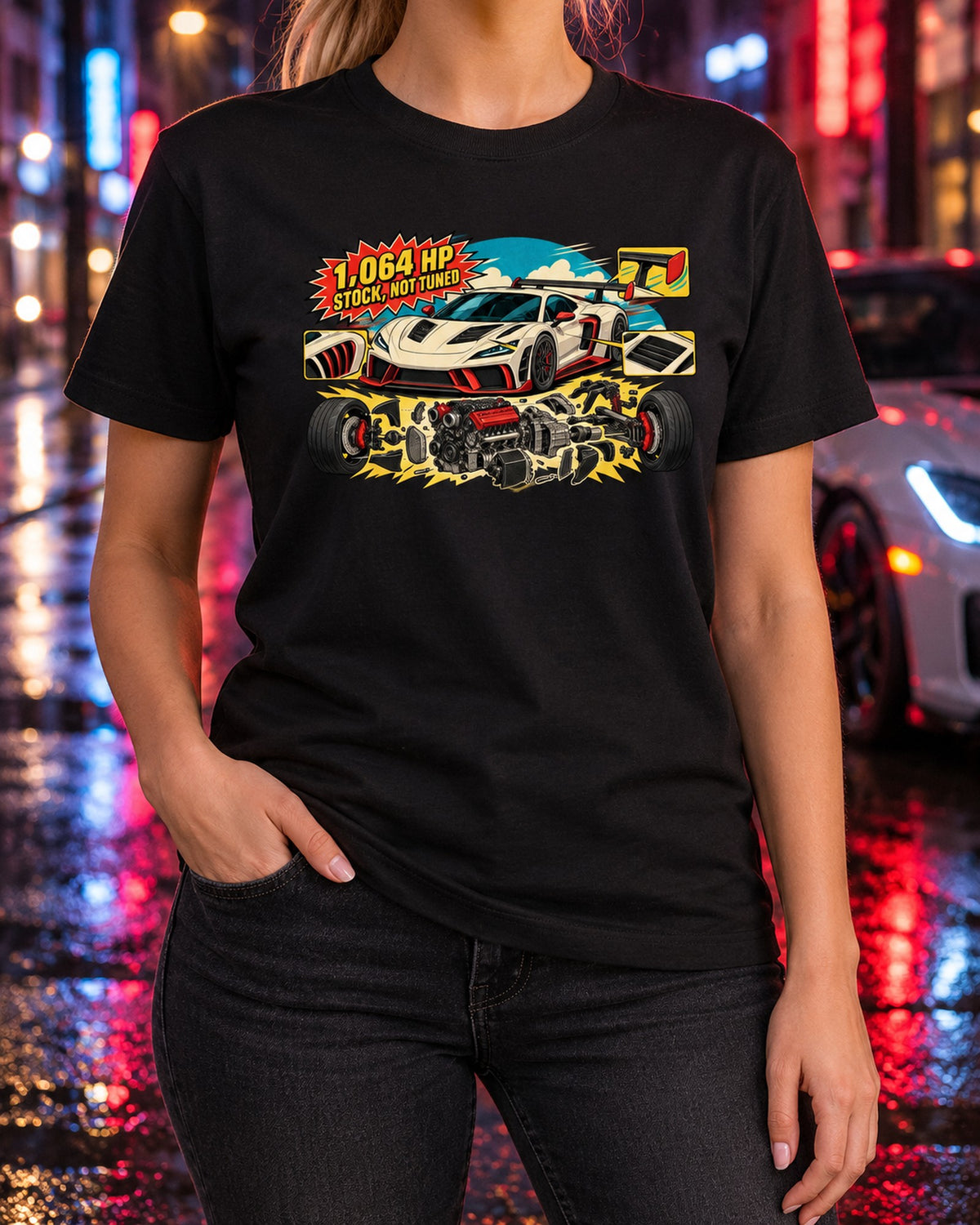 Corvette C8 Z06 Flat-Plane V8 Exploded Engine Schematic Tee T-Shirt Black worn hero