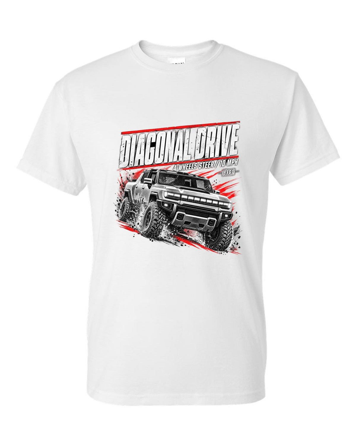 GMC Hummer EV pickup moving diagonally in a race poster design white t-shirt front view with the design