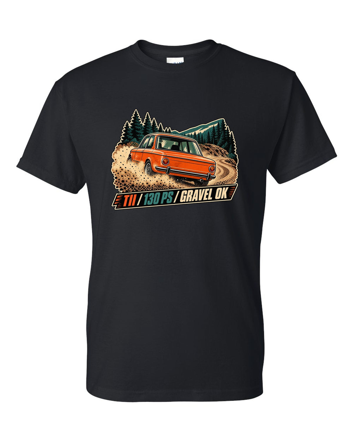 BMW 2002 tii vintage hillclimb race poster print with 130 PS text black t-shirt front view with the design