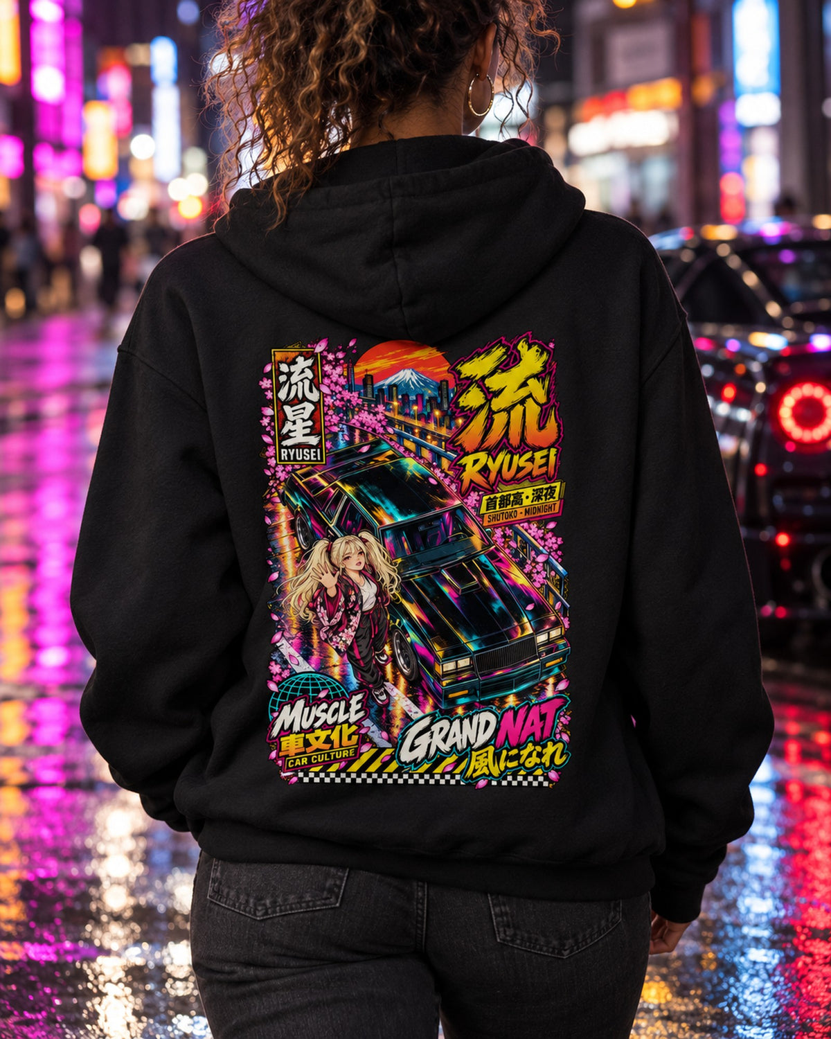 RYUSEI GRAND NAT Anime Girl Full-Back Graphic Tee Pull Over Hoodie Black worn hero