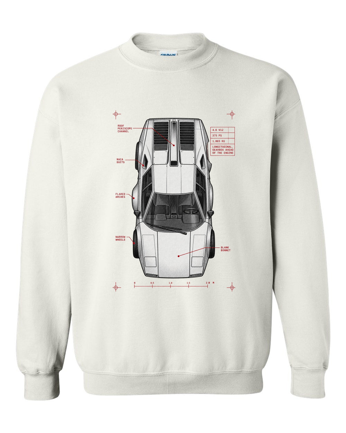 Spec poster print of a Lamborghini Countach LP400 with 4.0 V12 375 PS and 1,065 kg text white crewneck front view with the design