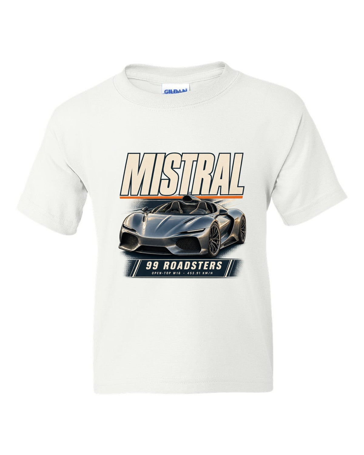 Editorial headline poster of the Bugatti Mistral open-top roadster, print white kids tee front view with the design