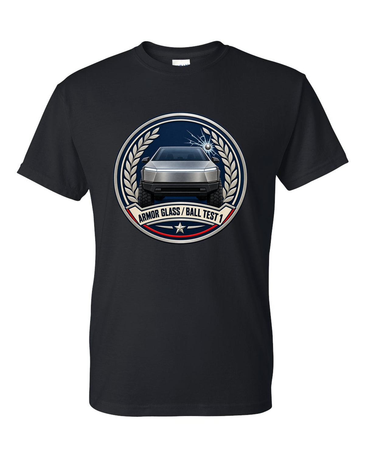 Round crest design of a 2023 Tesla Cybertruck with the words Armor Glass Ball Test 1 black t-shirt front view with the design