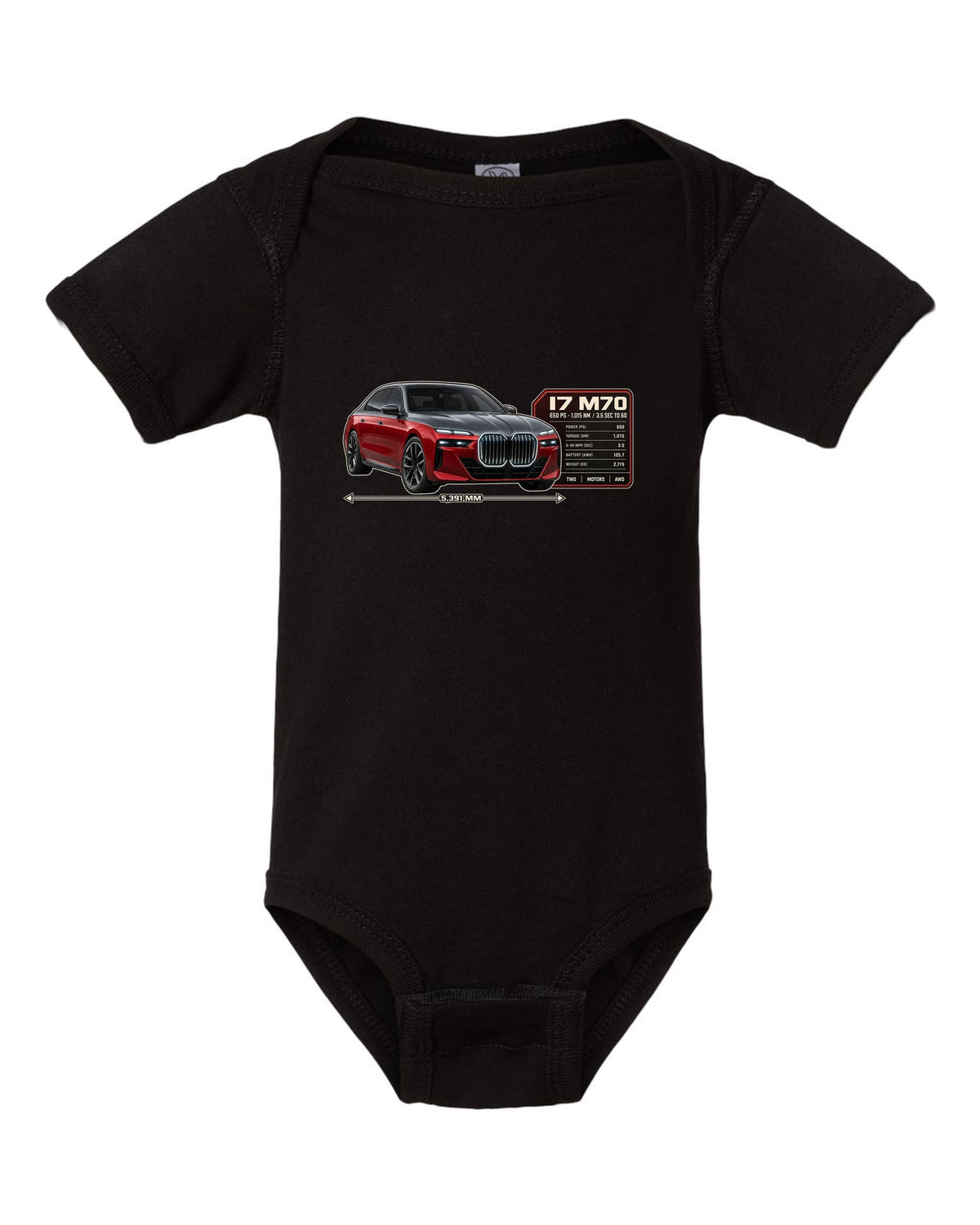 Spec poster print of the BMW i7 M70 xDrive with 650 PS and 1,015 Nm black baby onesie front view with the design