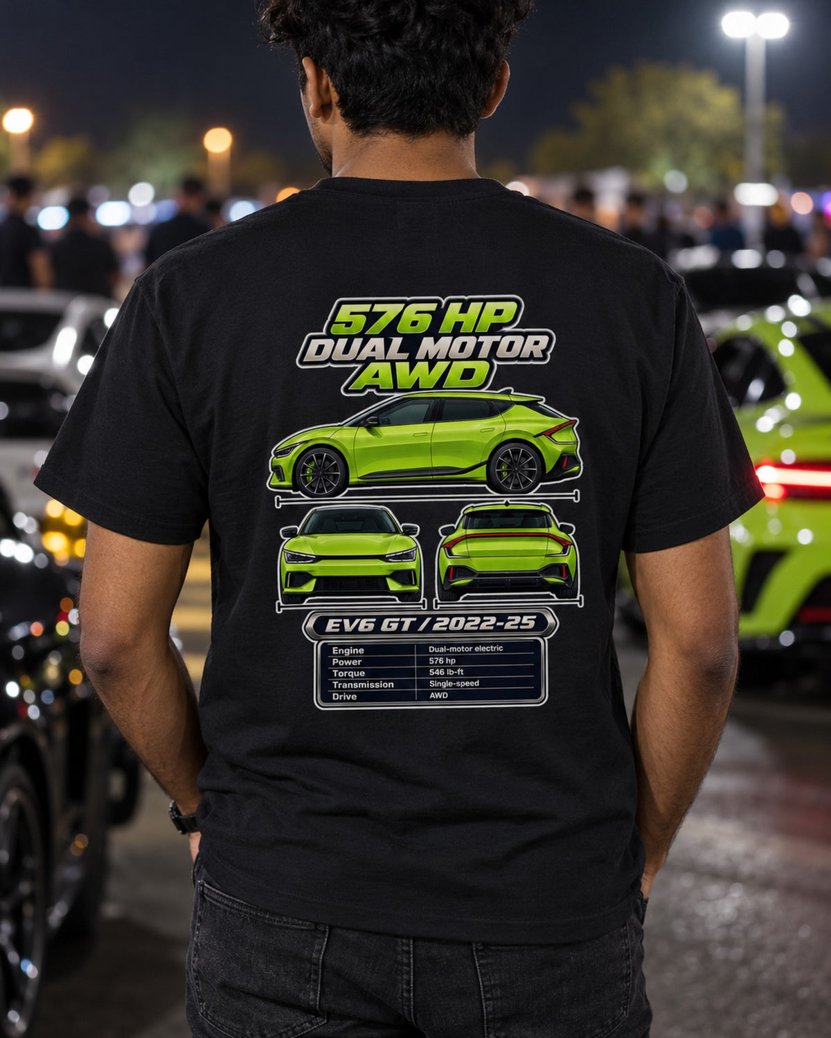 Kia Ev6 Gt Spec Sheet Full-Back Graphic Tee T-Shirt Black worn hero