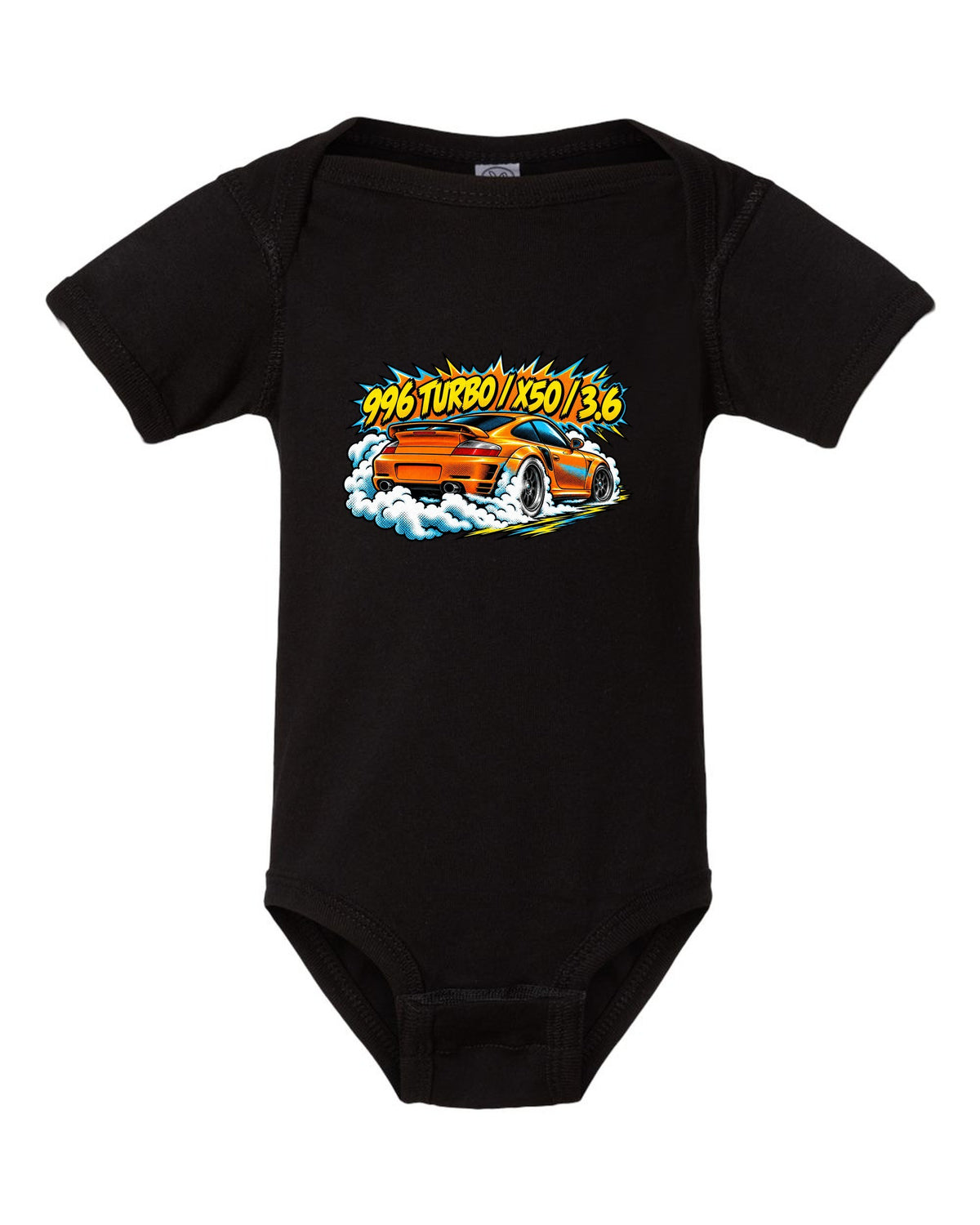 Porsche 996 Turbo comic halftone burnout burst design with X50 lettering black baby onesie front view with the design