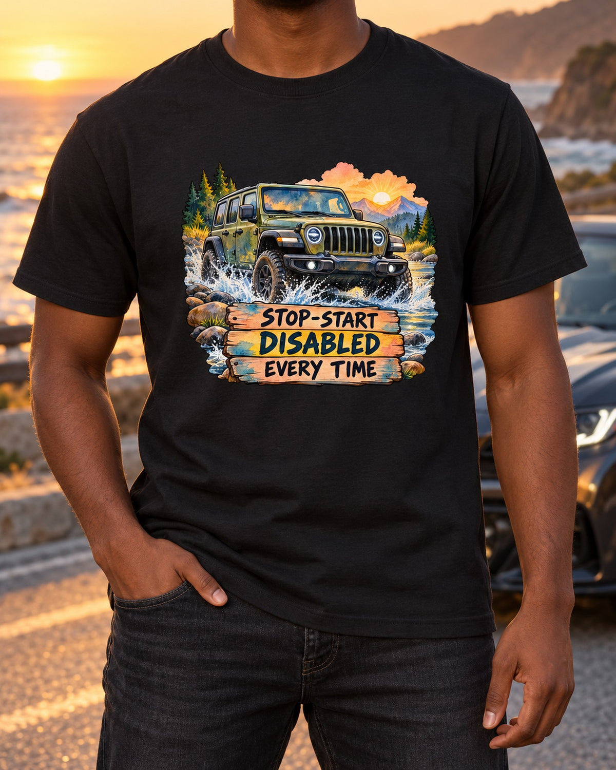 Jeep Wrangler JL Stop-Start Disabled Watercolour Night Tee T-Shirt Black worn hero