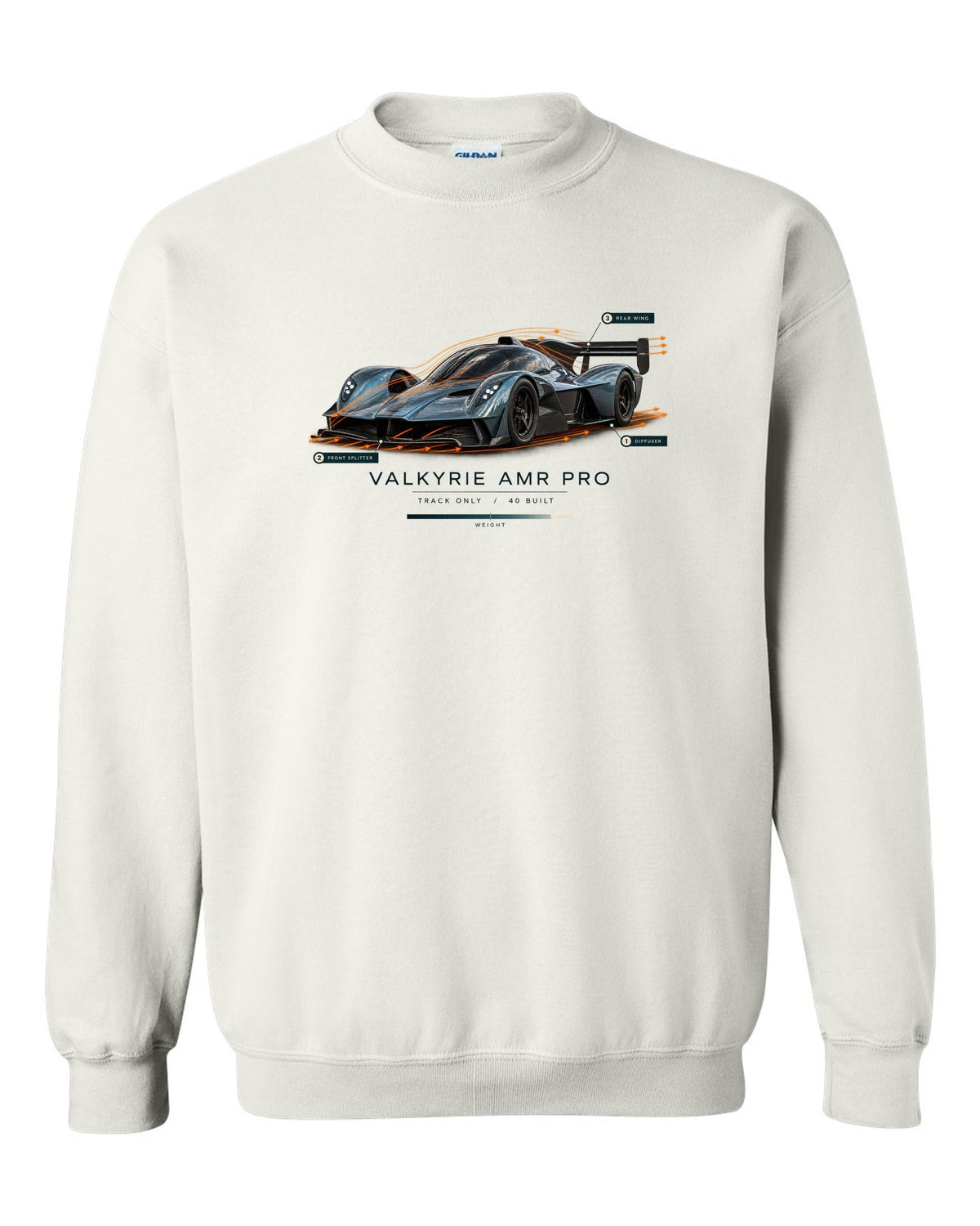 Aston Martin Valkyrie AMR Pro 2022 airflow cutaway print with track only 40 built text white crewneck front view with the design