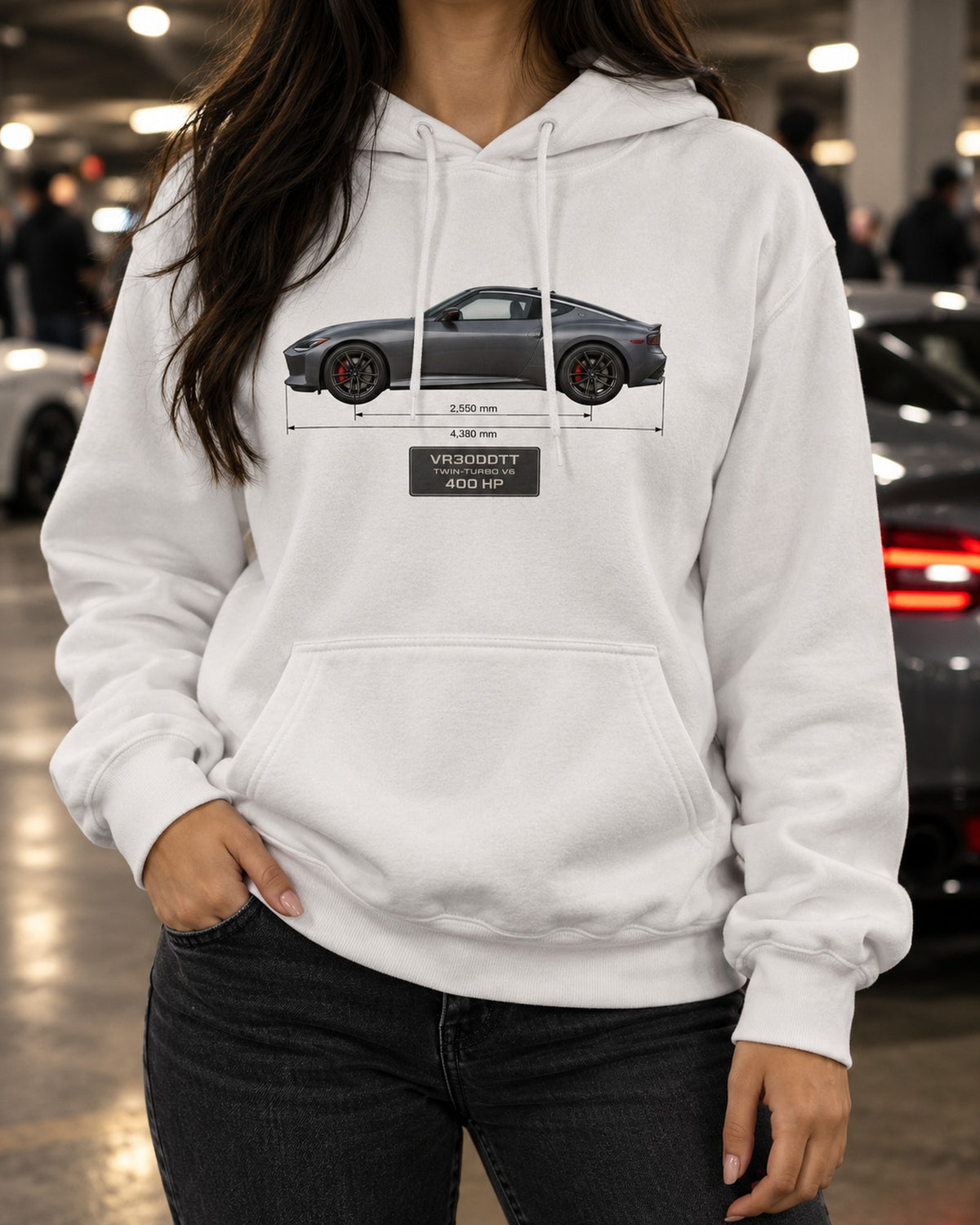 2024 Nissan Z NISMO Spec Panel Shirt, Dossier Print Pull Over Hoodie White worn hero