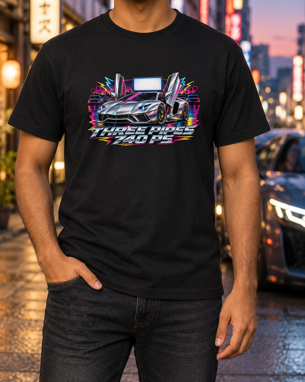 Lamborghini Aventador S LP740-4 80s Chrome Three Pipes Tee T-Shirt Black worn hero