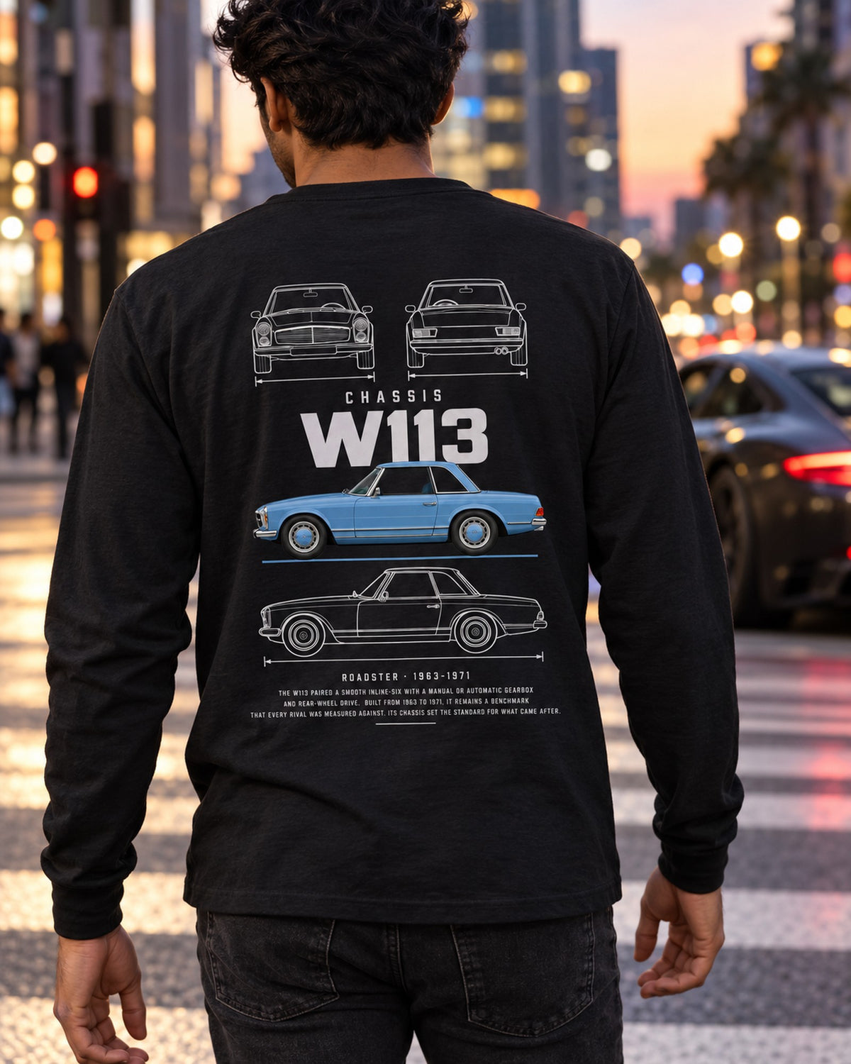 Mercedes 280 SL Pagoda roadster Blueprint Full-Back Graphic Tee, W113 Chassis Code Long Sleeve Black worn hero