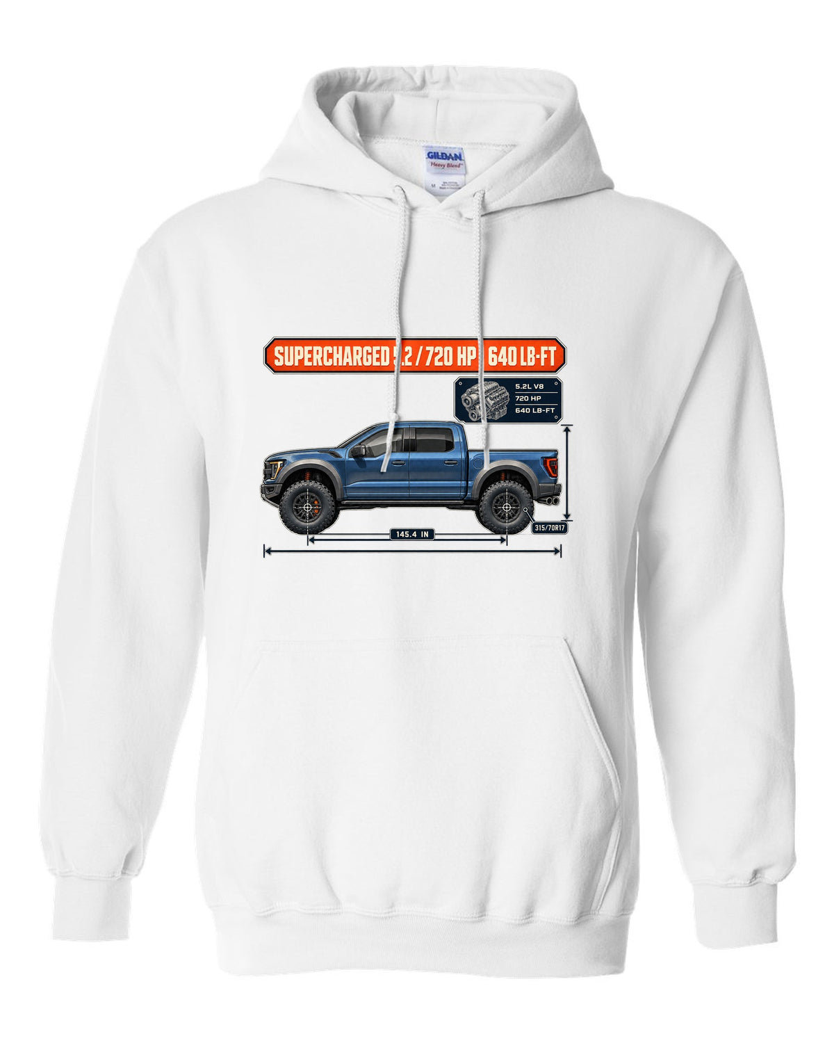 Ford F-150 Raptor R 2023 dimension blueprint print with 720 HP spec white pull over hoodie front view with the design