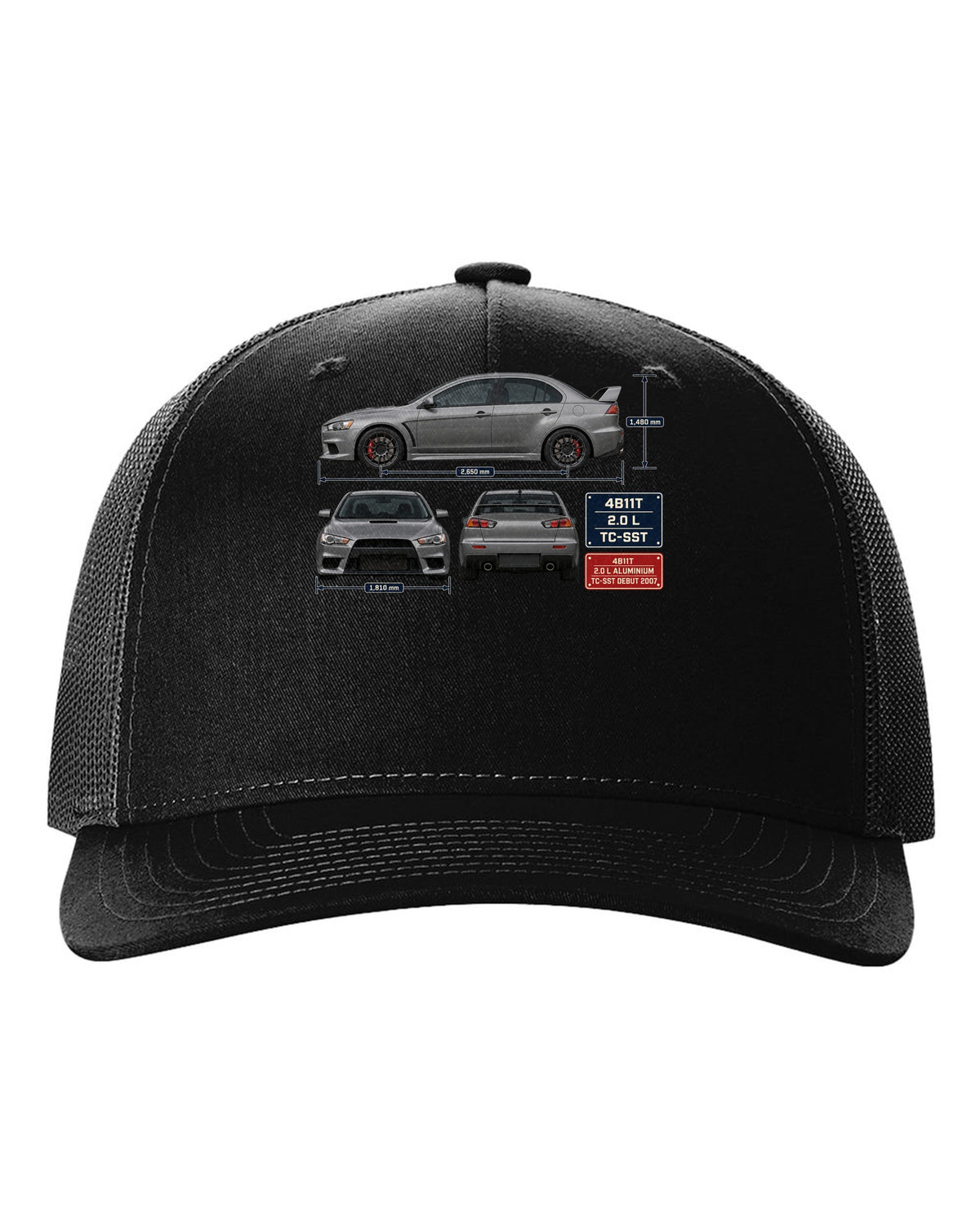 Evo X GSR Three-View Spec Table Tee, Mitsubishi Lancer black hat front view with the design