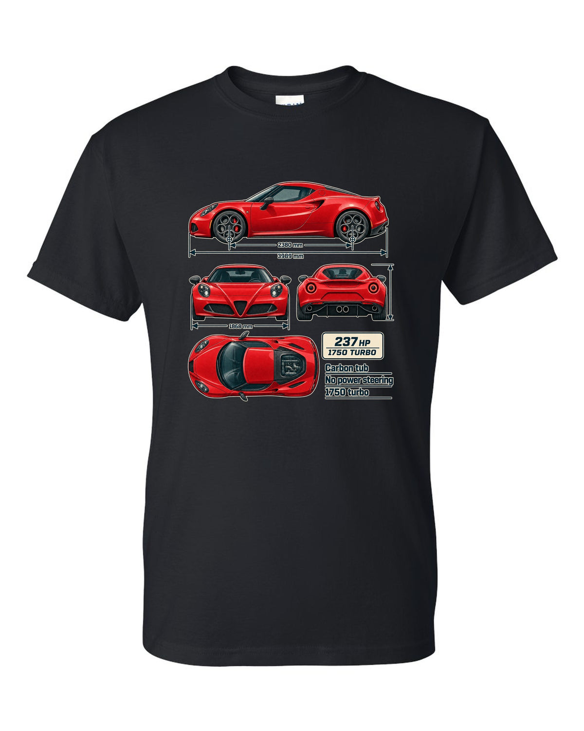 Dimension blueprint print of the Alfa Romeo 4C coupe with carbon tub and 1750 turbo callouts black t-shirt front view with the design