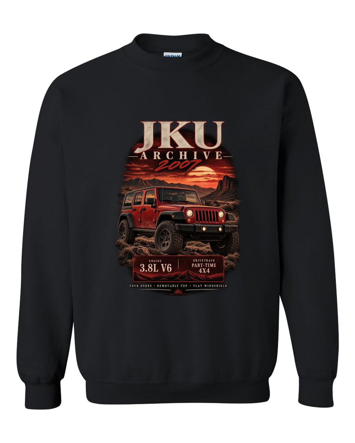 Archive panel print for the 2007 Jeep Wrangler JKU, 3.8L V6 four-door black crewneck front view with the design