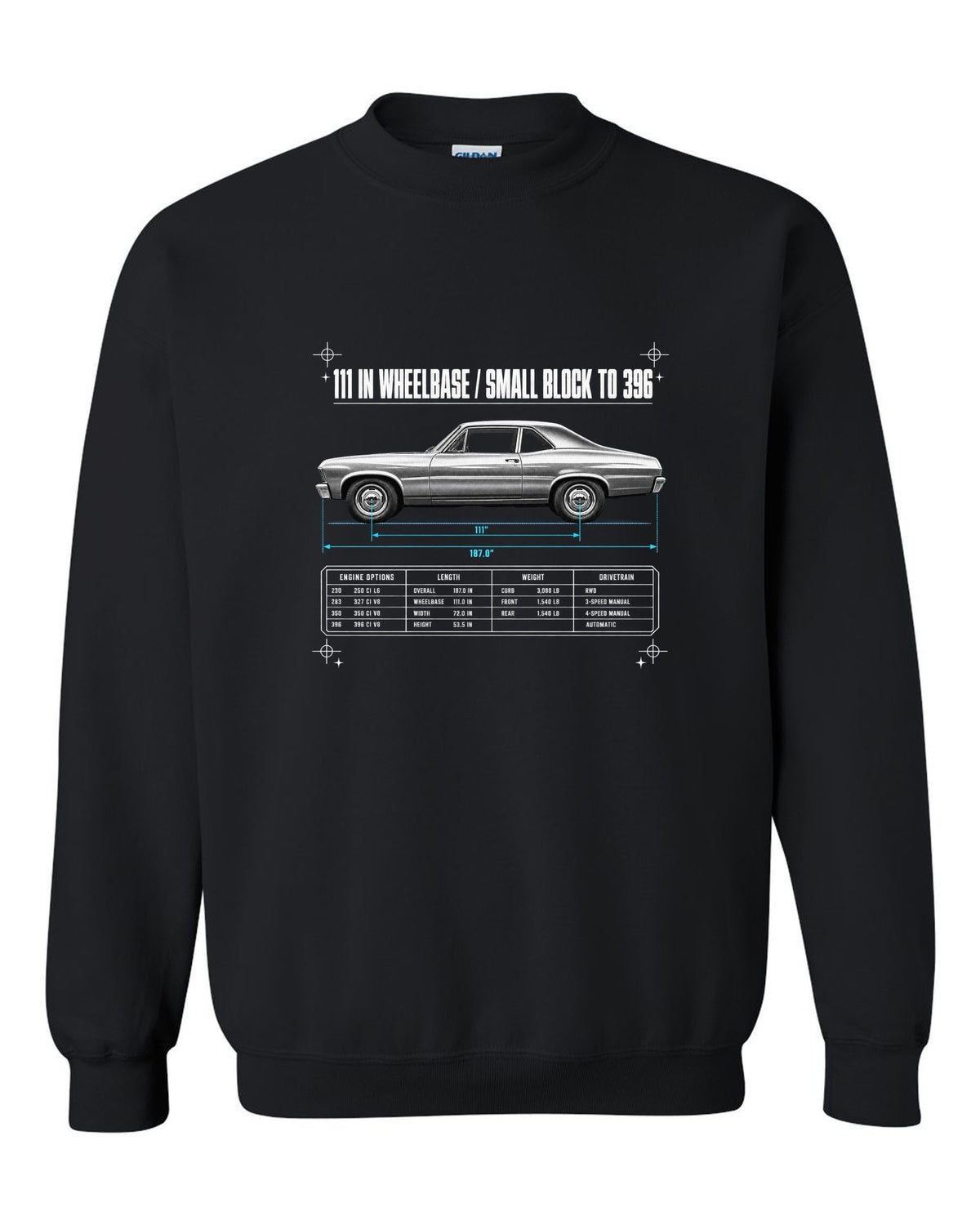 1968 Nova X-Body Spec Poster black crewneck front view with the design