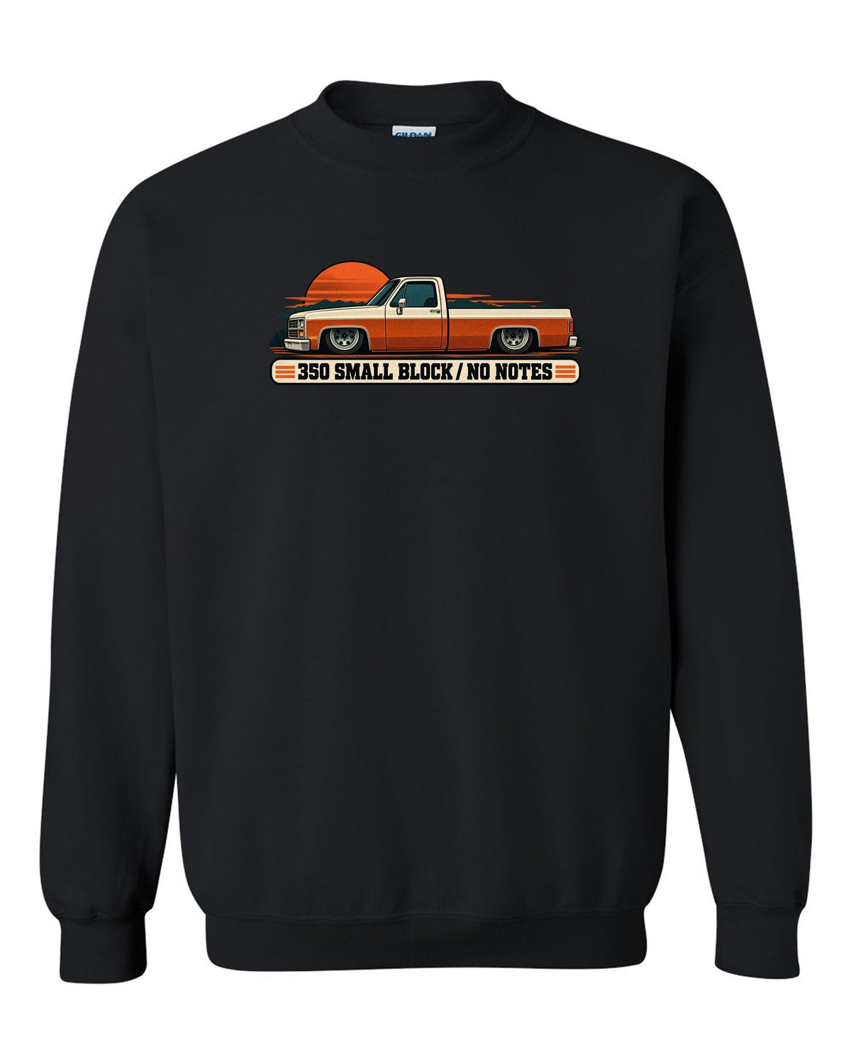 Retro two-colour halftone print of a dropped Chevrolet C10 Squarebody at dusk with 350 small block text black crewneck front view with the design