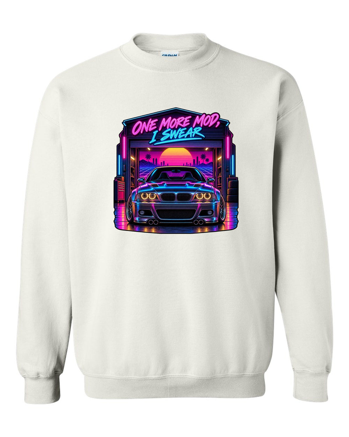 Synthwave outrun print of a BMW E46 M3 coupe with one more mod I swear text white crewneck front view with the design