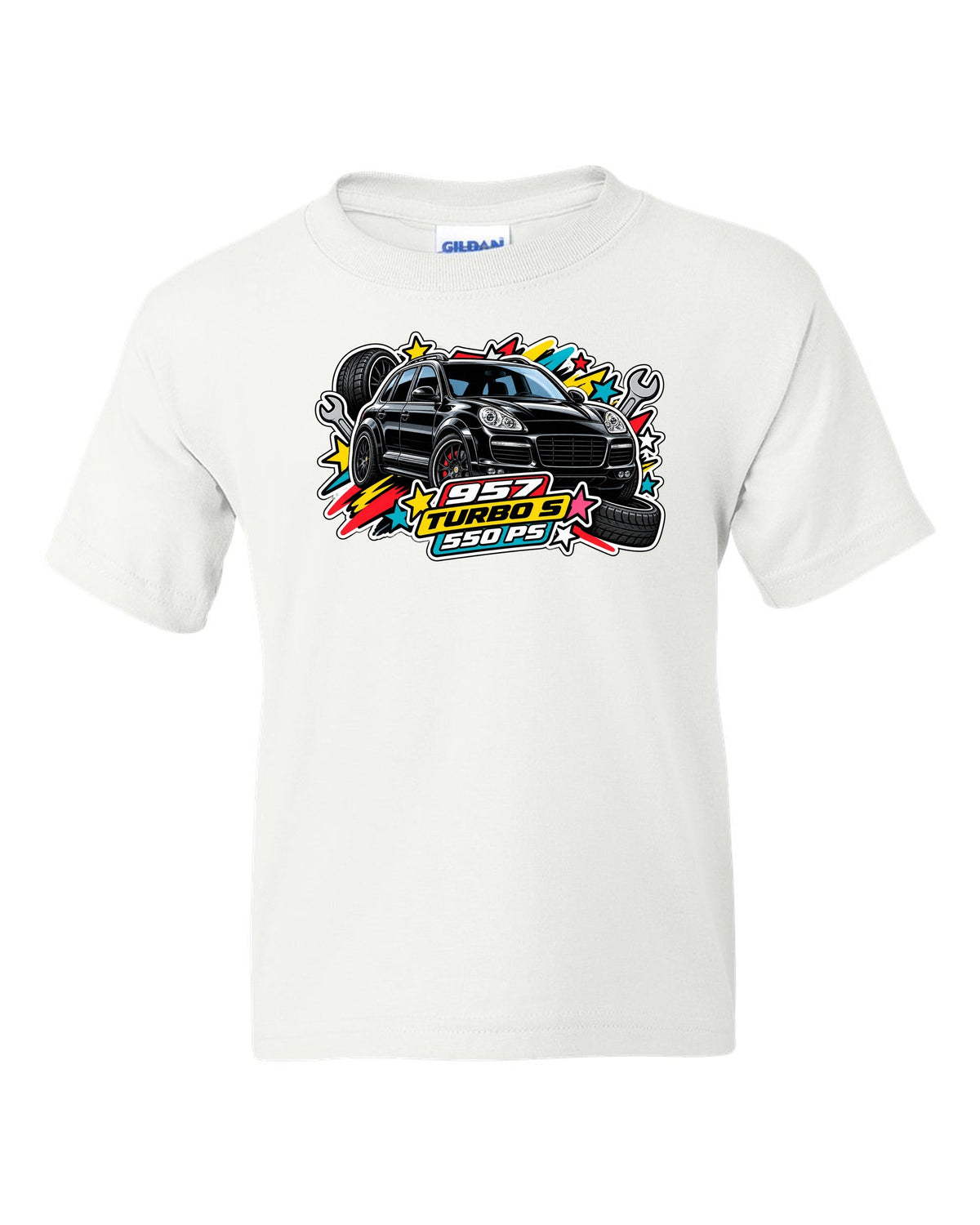 Porsche 991 R patent line art coupe design with 6-speed and 991 built text white kids tee front view with the design