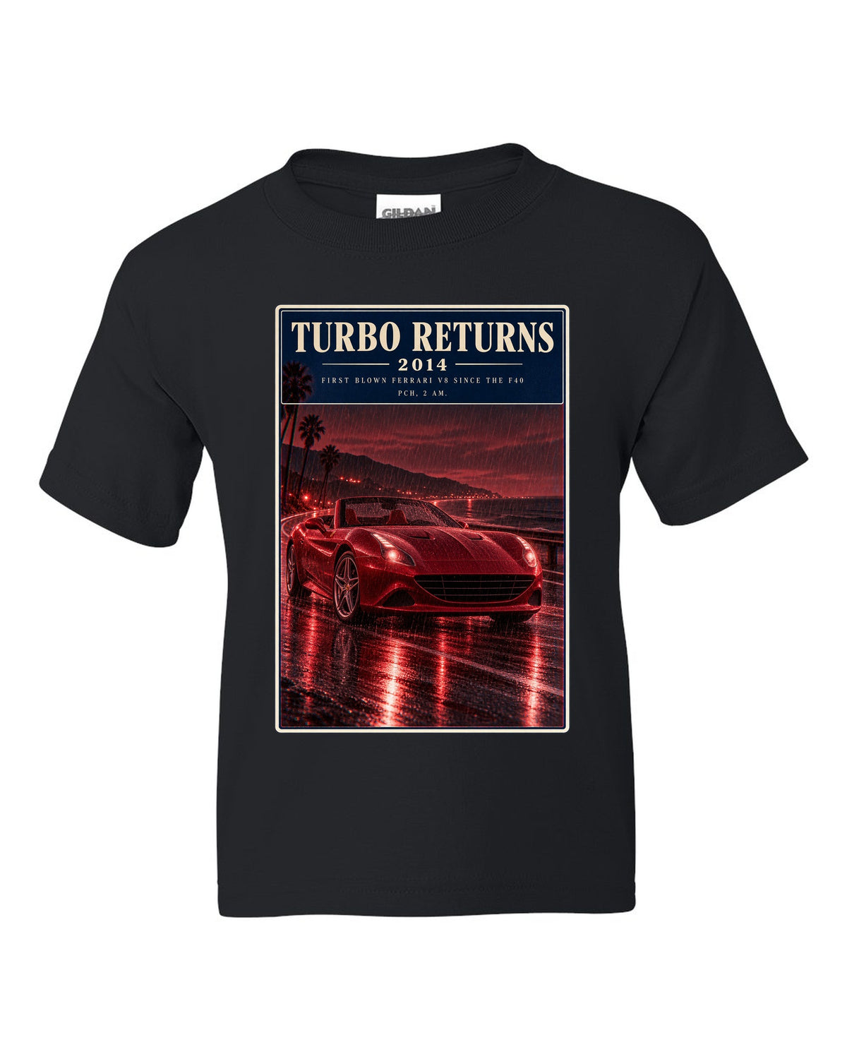 Red monochrome night street print of the Ferrari California T black kids tee front view with the design