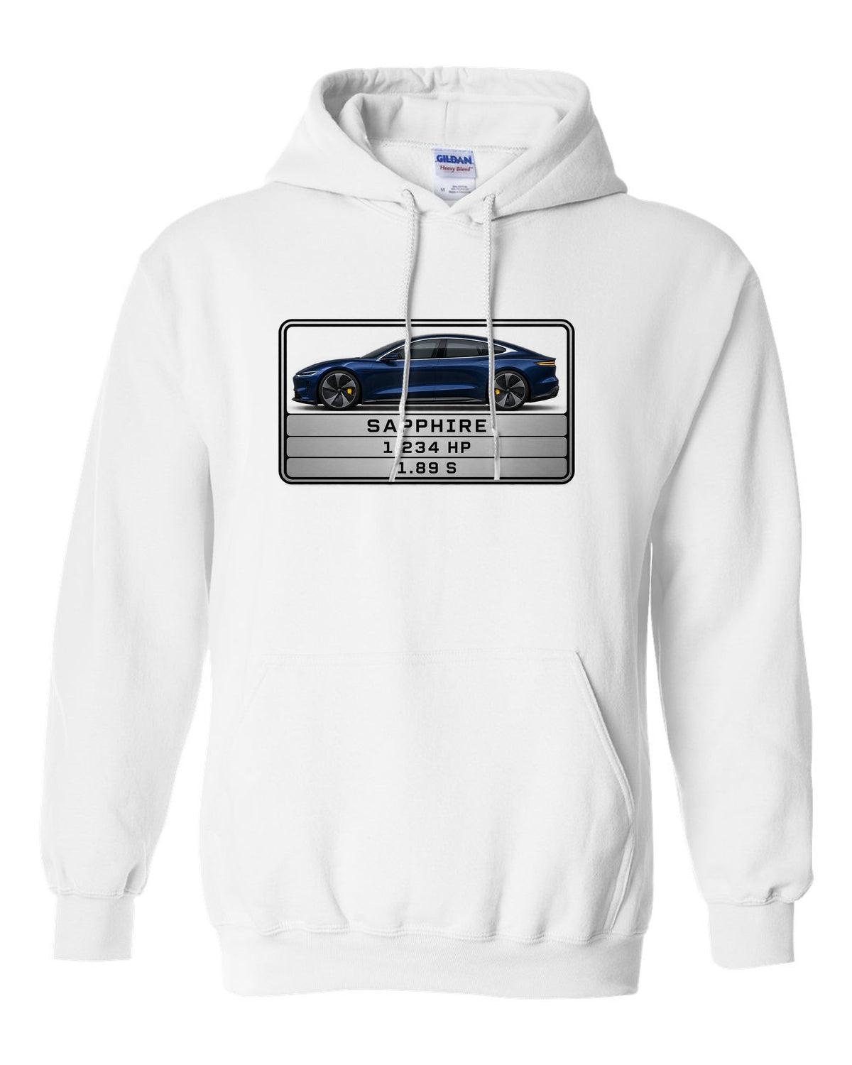 Lucid Air Sapphire monospaced spec data plate print with the text Sapphire 1,234 hp 1.89 s white pull over hoodie front view with the design