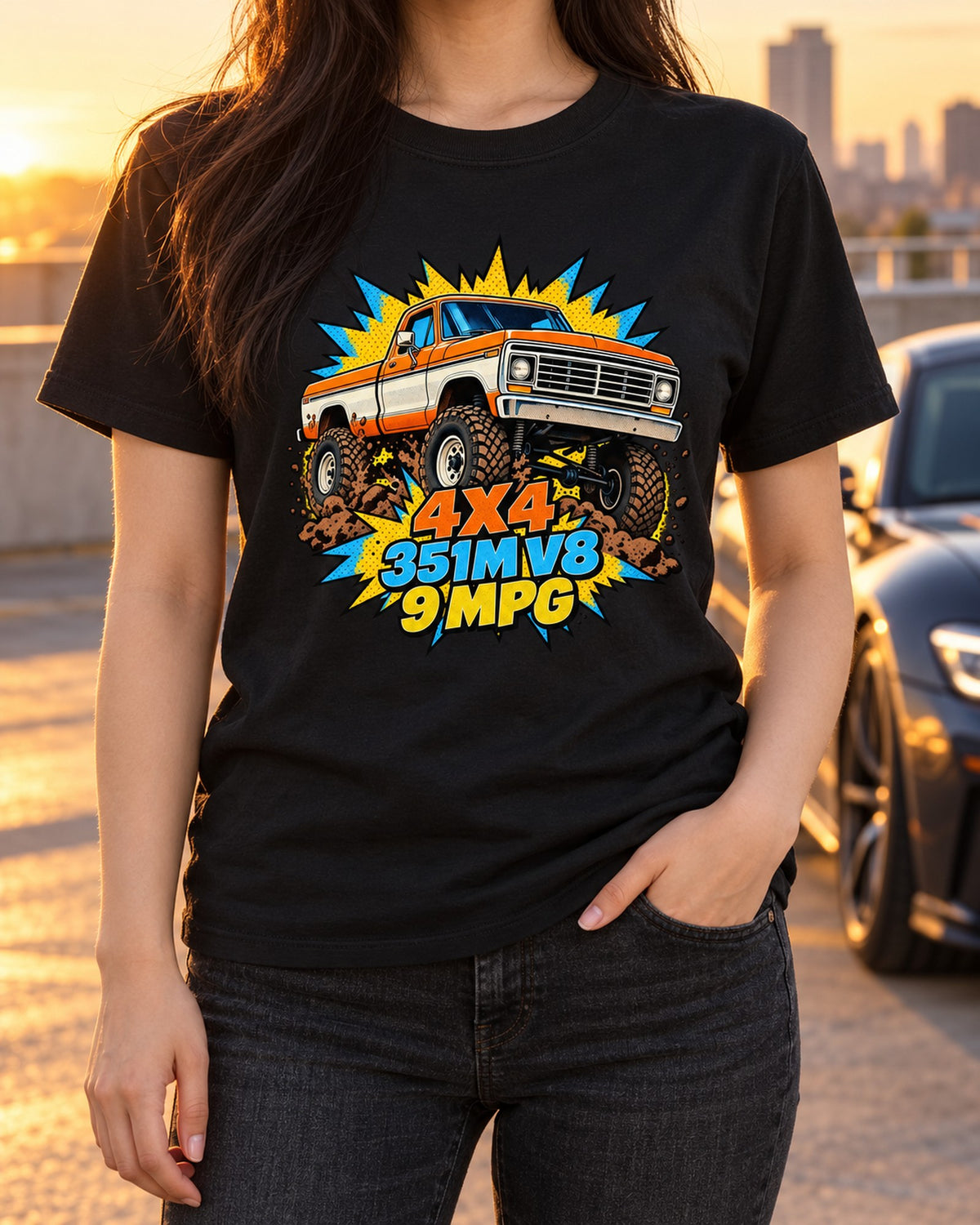 Dent-Side Ford F-150 Comic Halftone Pop-Art Workshop Tee T-Shirt Black worn hero