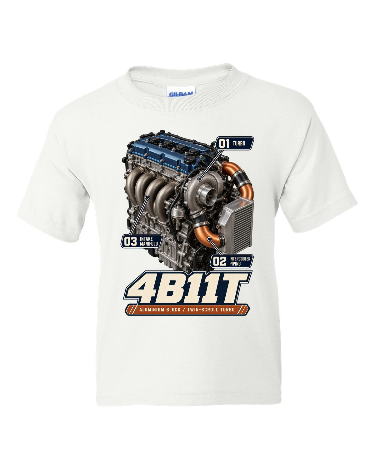 Mitsubishi Lancer Evolution X 4B11T engine bay poster print white kids tee front view with the design