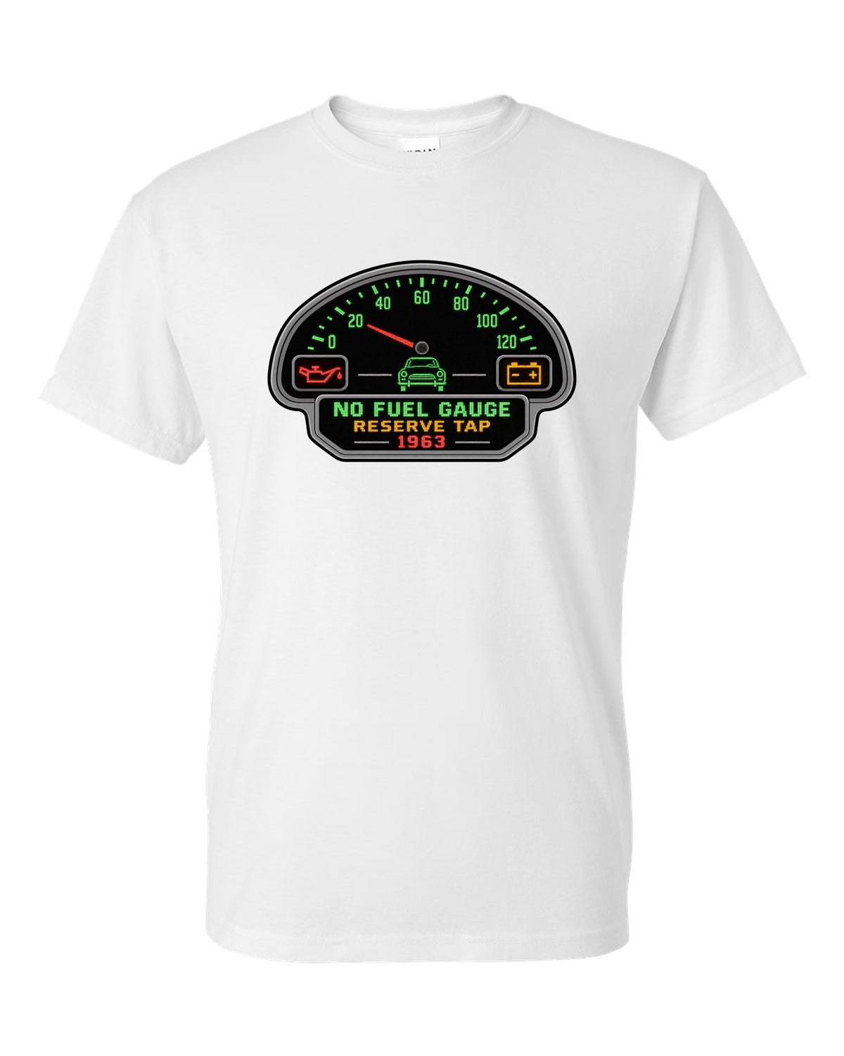 Pixel LED segmented display print of a 1963 VW Beetle Type 1 dashboard with fuel gauge joke white t-shirt front view with the design