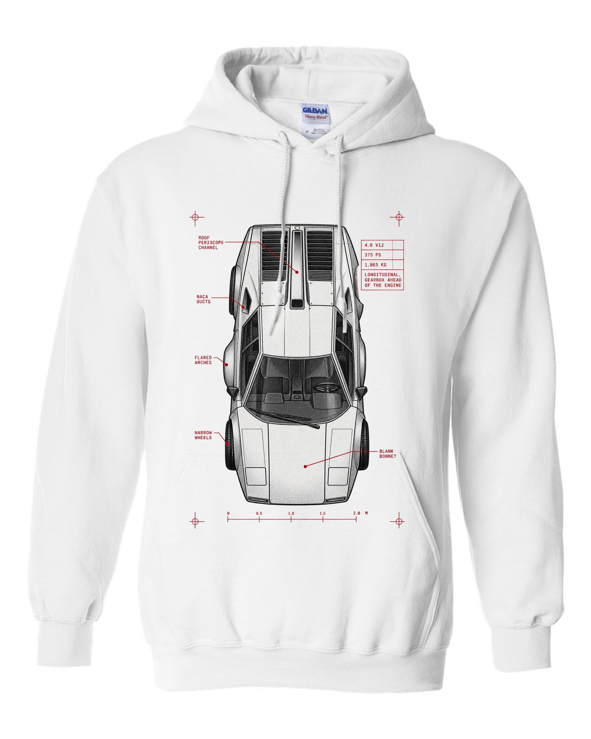 Spec poster print of a Lamborghini Countach LP400 with 4.0 V12 375 PS and 1,065 kg text white pull over hoodie front view with the design