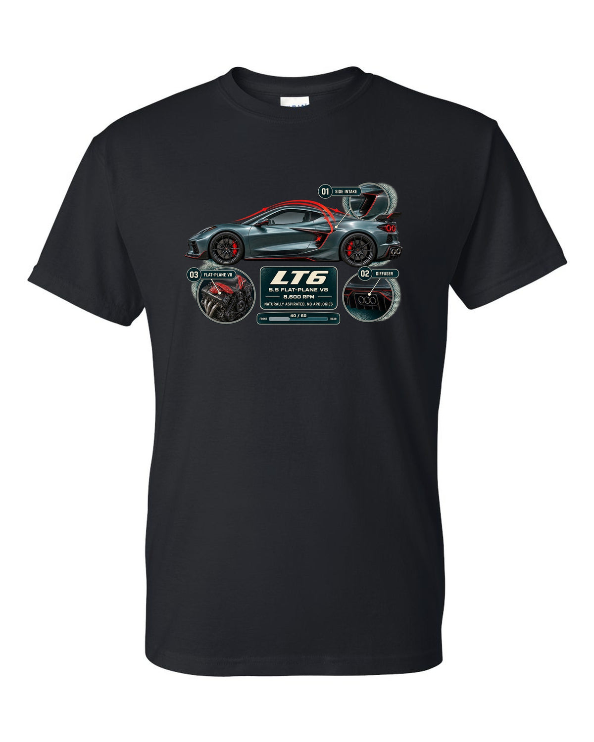 print aero cutaway callouts of a Chevrolet Corvette C8 Z06 in teal-grey black t-shirt front view with the design