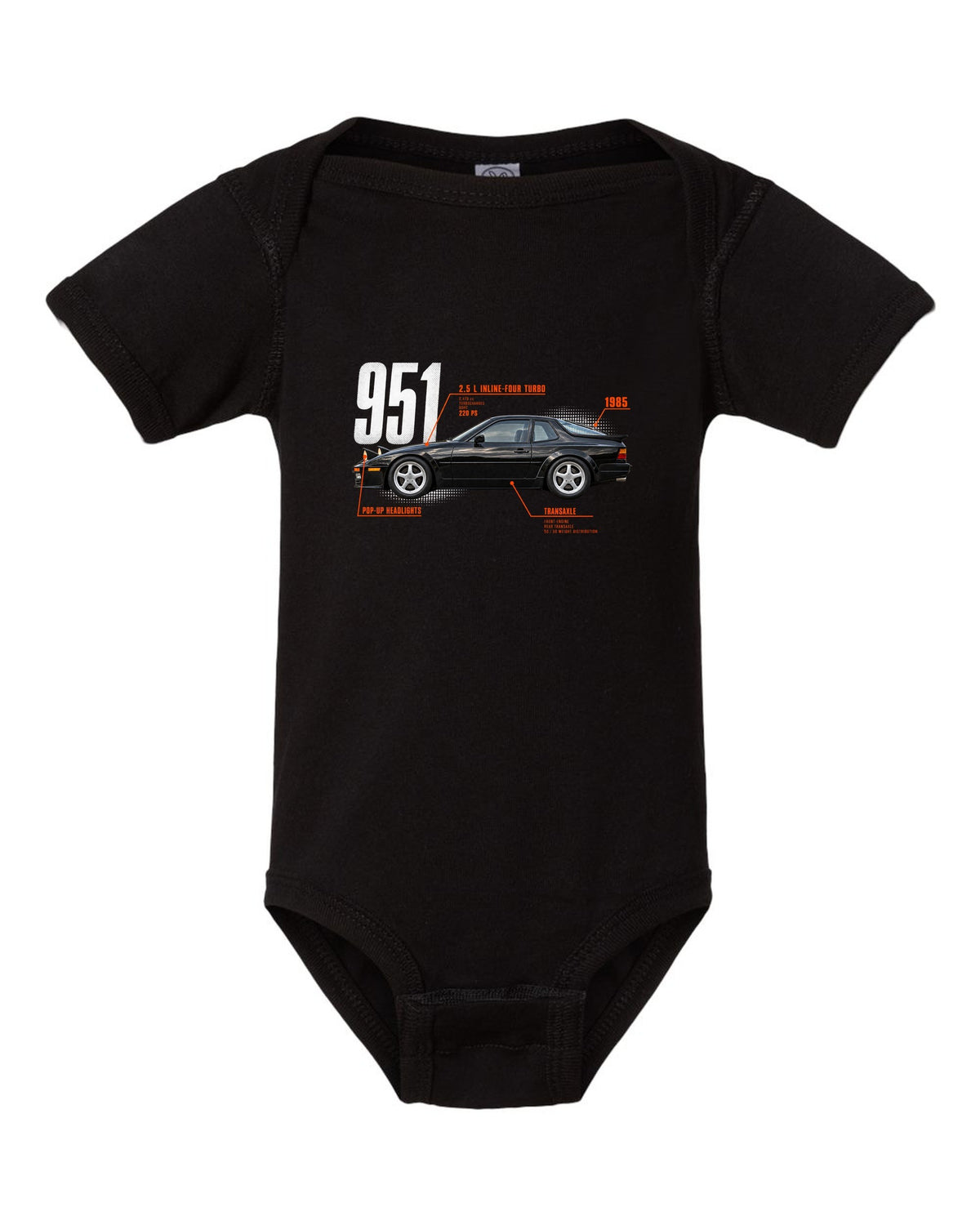 Spec poster print of a Porsche 944 Turbo 951 with 2.5 L turbo four, transaxle and pop-up headlights lettering black baby onesie front view with the design