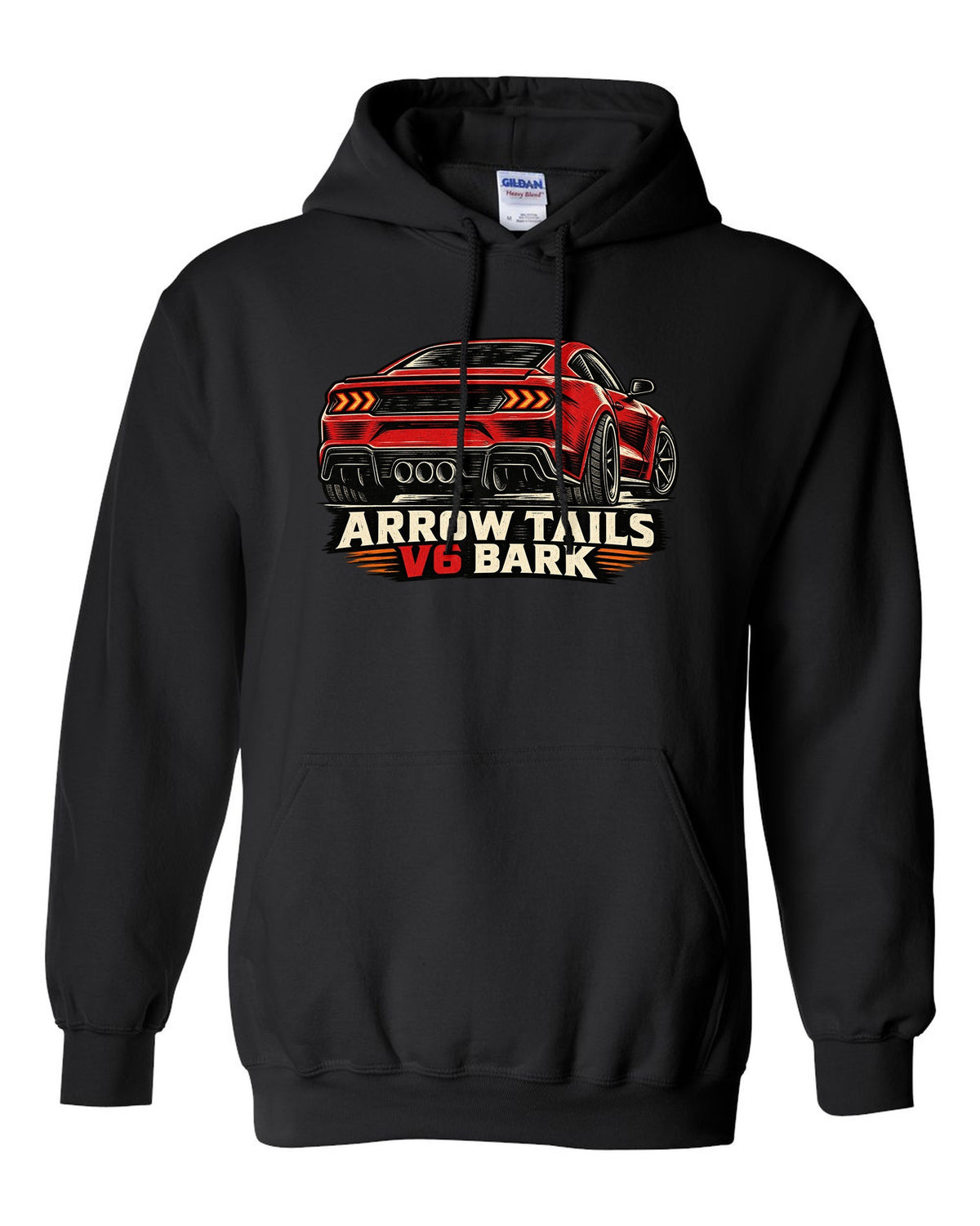 Linocut woodcut print of a Hyundai Genesis Coupe BK2 rear with arrow tails V6 bark text black pull over hoodie front view with the design