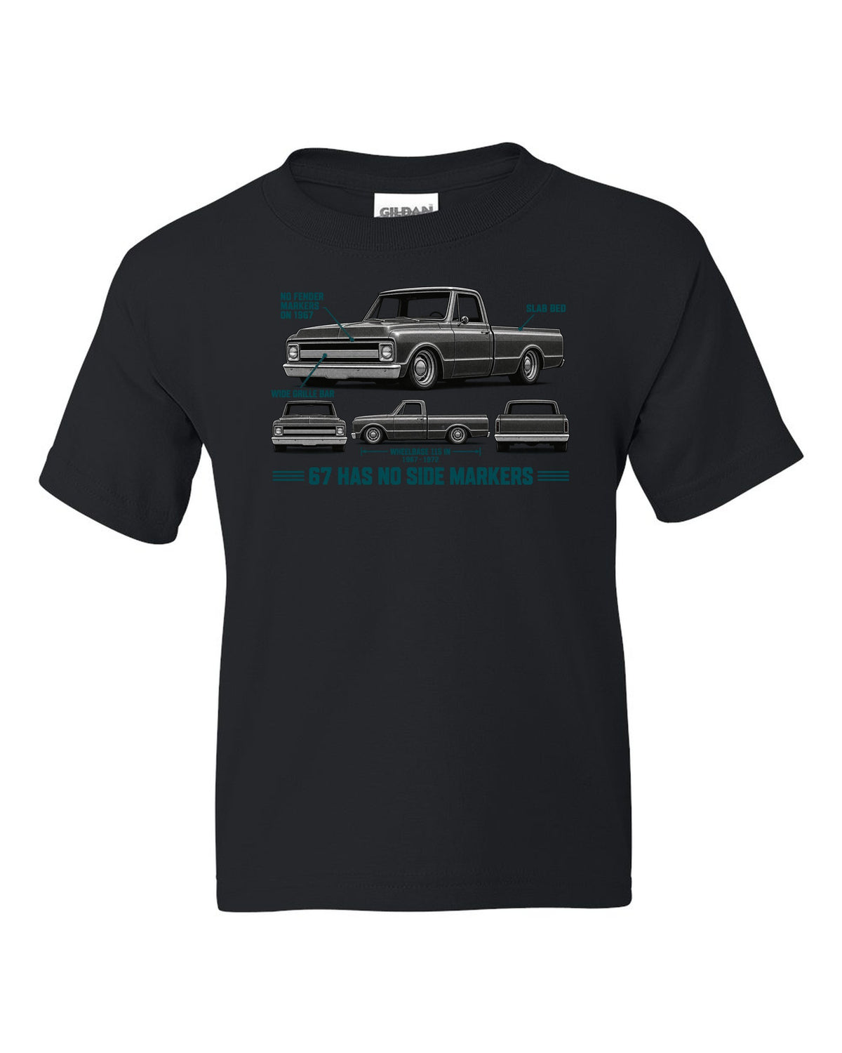 Chevrolet C10 Fleetside 1967-72 Spec Strip black kids tee front view with the design