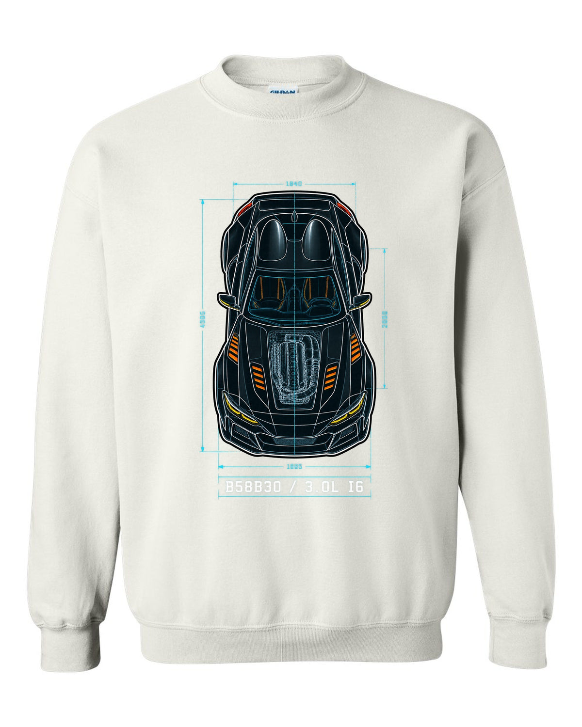 Patent-style overhead blueprint of the B58B30 3.0L inline-six in the Toyota GR Supra A90 white crewneck front view with the design