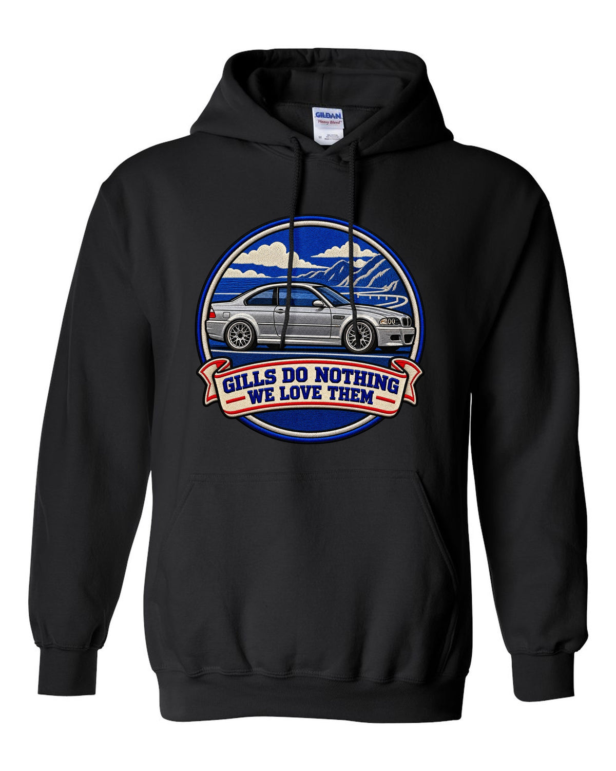 Varsity crest style print of a BMW E46 M3 coupe with gills do nothing we love them text black pull over hoodie front view with the design