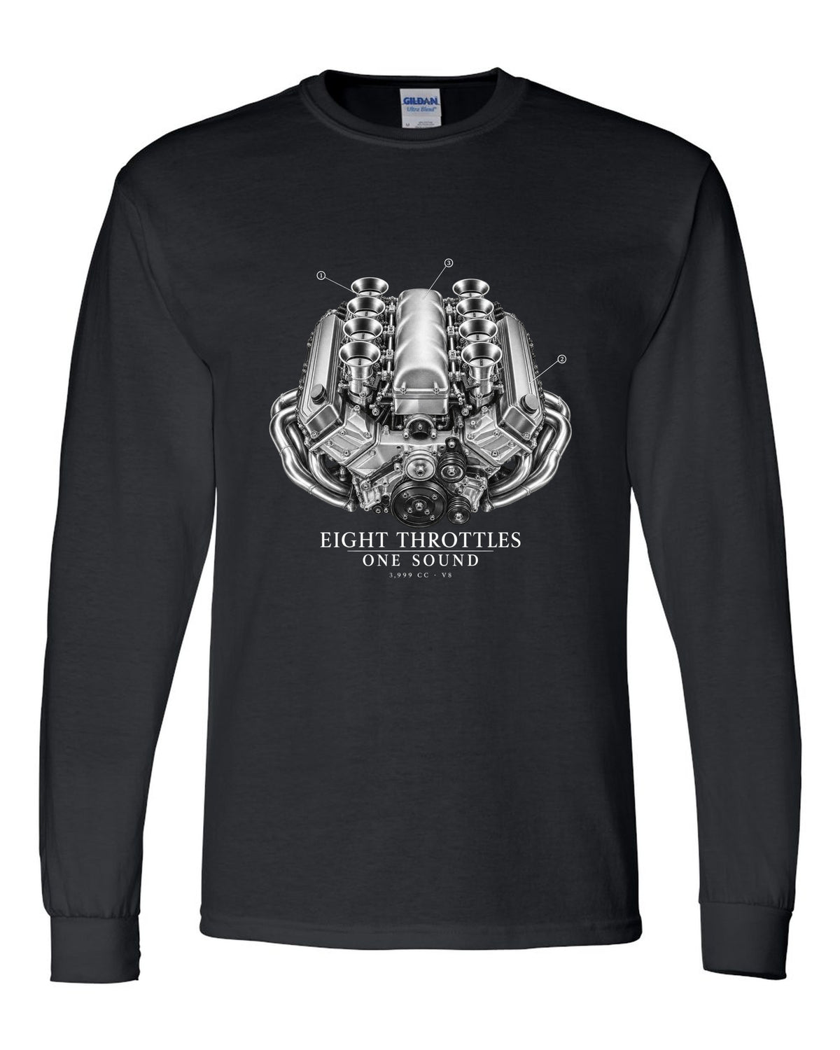BMW E92 M3 S65 V8 engine illustration print with eight throttles lettering black long sleeve front view with the design