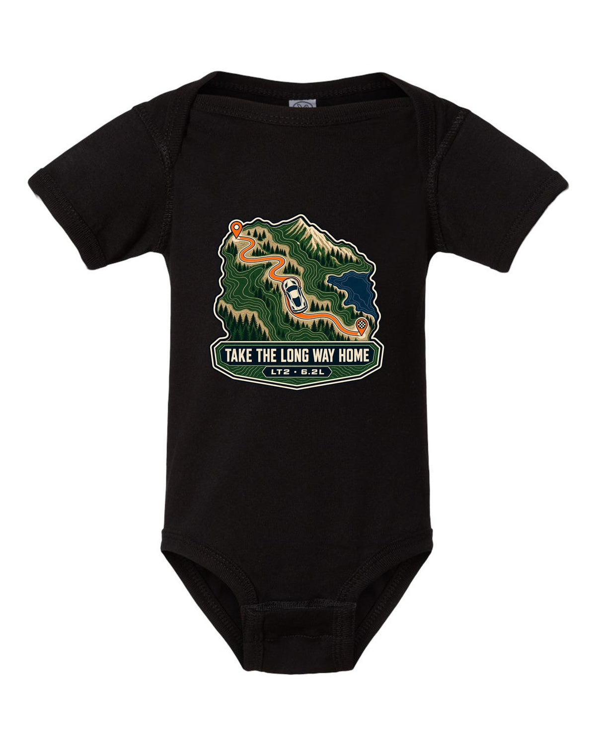 Linocut print of a Corvette C8.R race car with wide fenders and rear wing black baby onesie front view with the design