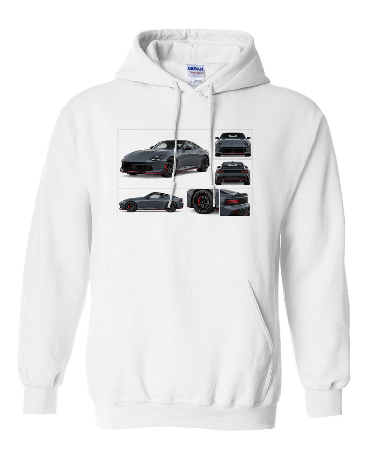 Halftone style print of a 2024 Nissan Z RZ34 Sport with VR30DDTT text white pull over hoodie front view with the design
