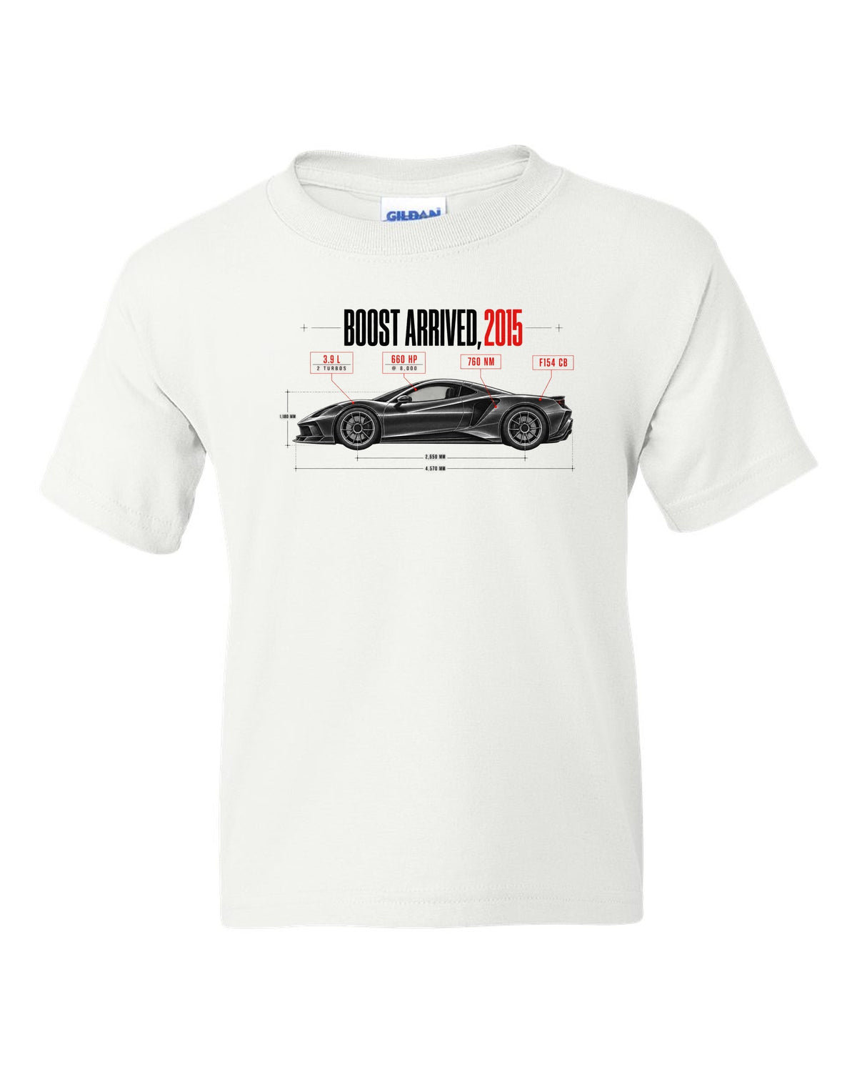 Spec poster print of a Ferrari 488 GTB F154 CB with Boost Arrived 2015, 3.9 L, 660 hp, 760 Nm white kids tee front view with the design