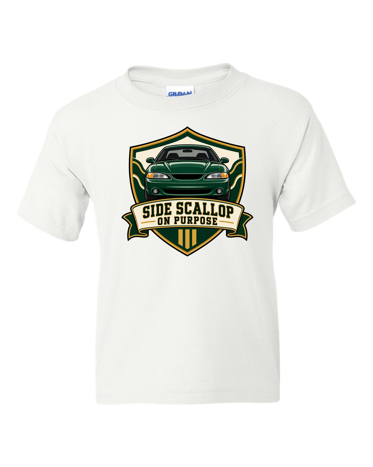 SN95 Mustang 1994-98 Varsity Crest white kids tee front view with the design