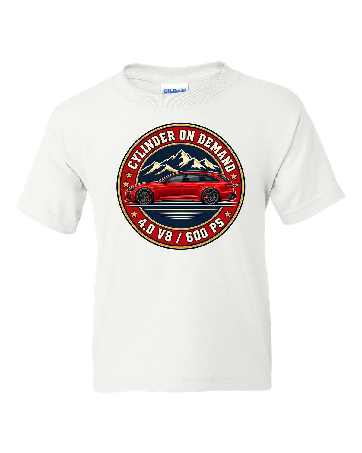 Varsity-style crest design for the Audi RS6 Avant C8 with 4.0 V8 and 600 PS lettering white kids tee front view with the design