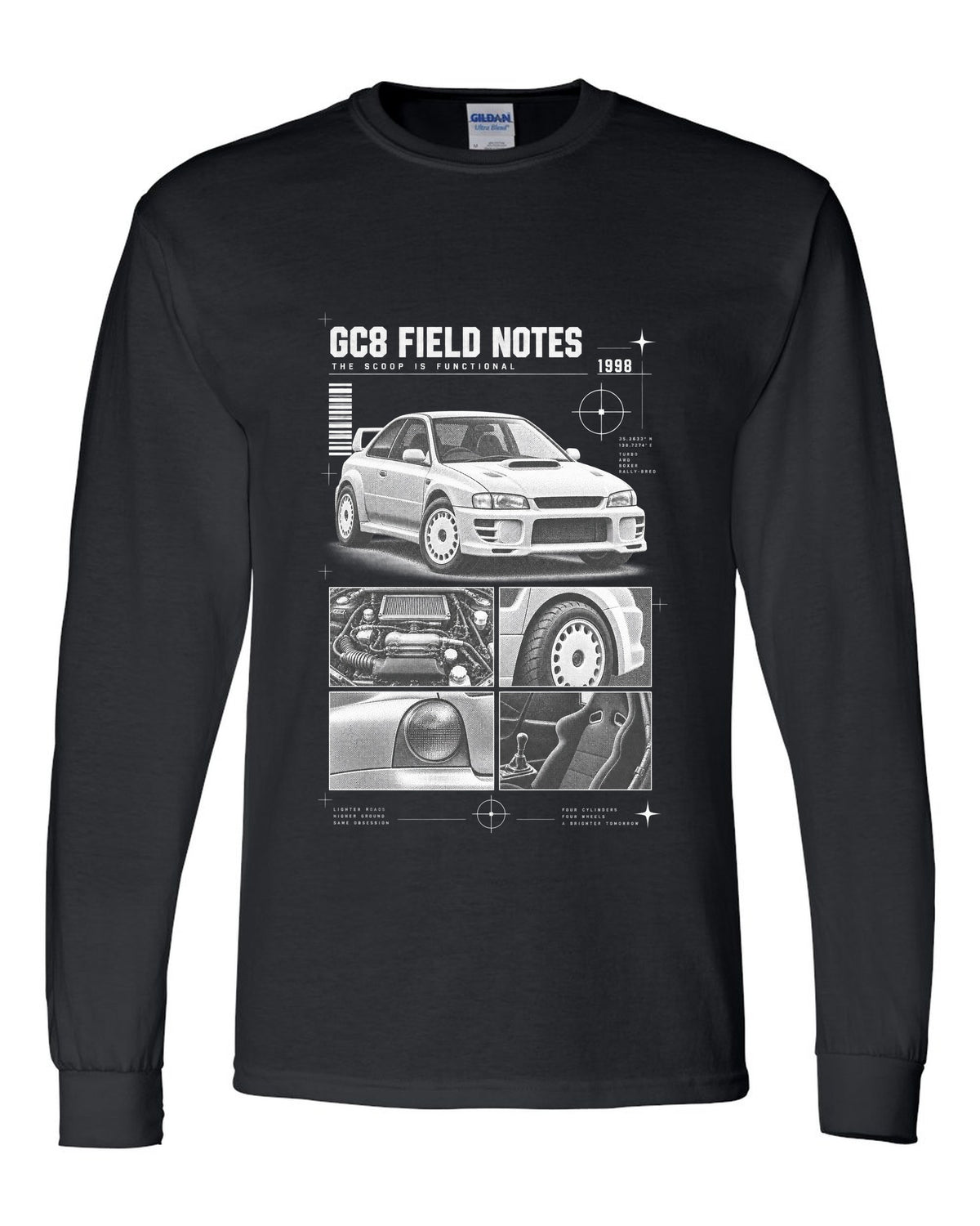 Subaru Impreza WRX GC8 coupe 1998 field notes dossier panels black long sleeve front view with the design
