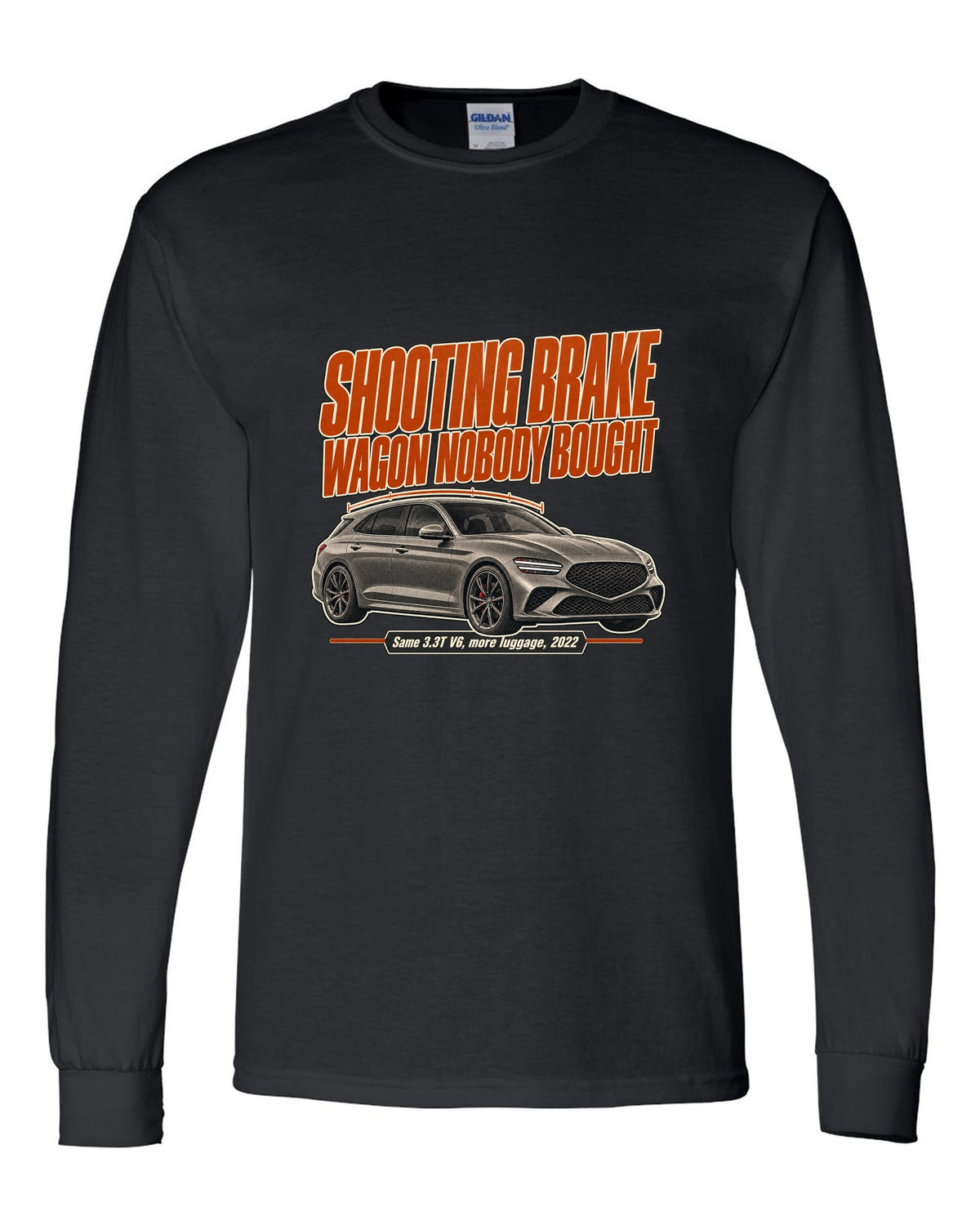 Editorial headline print for the Genesis G70 Shooting Brake reading wagon nobody bought black long sleeve front view with the design