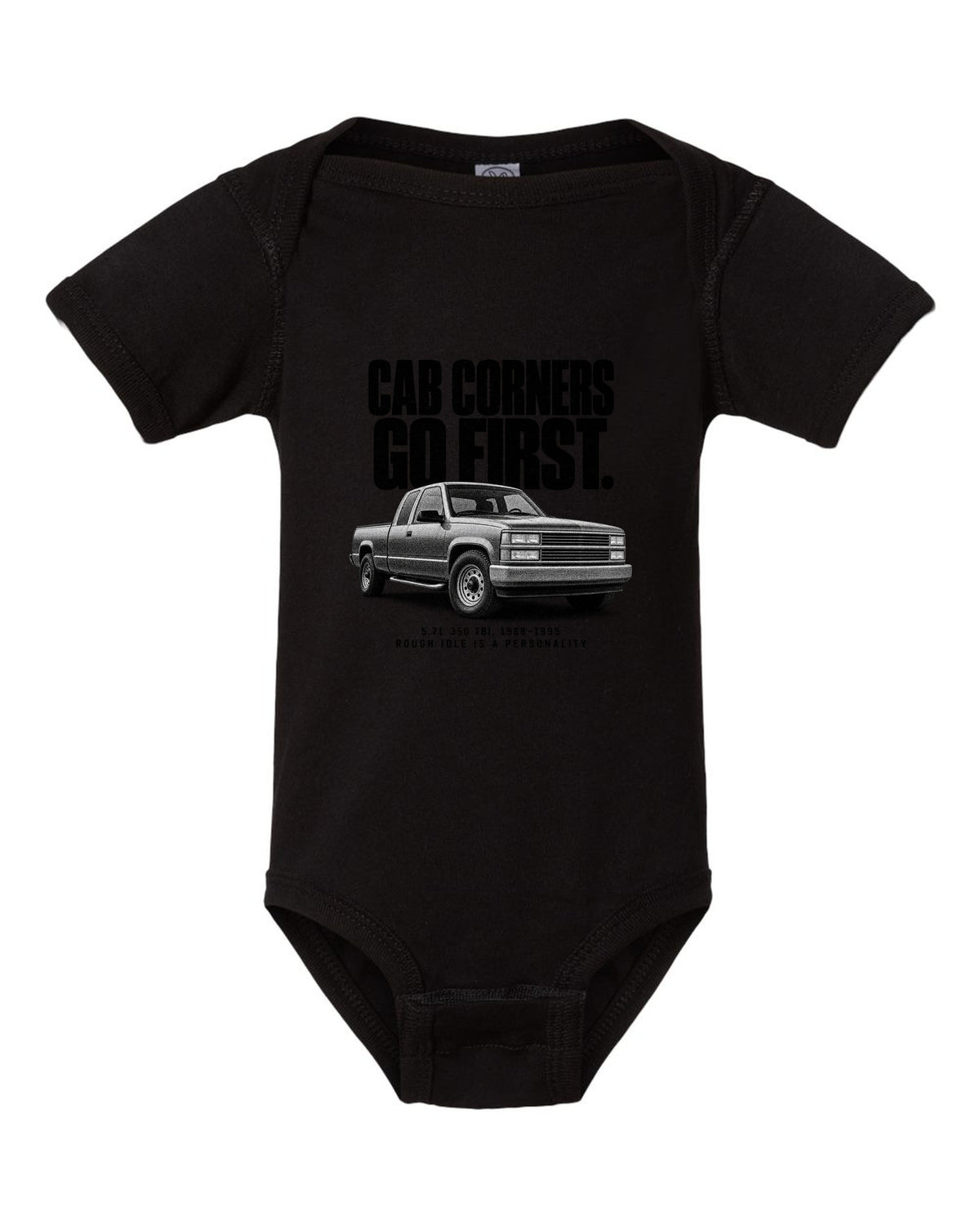 Halftone print of a 1988-98 Chevrolet GMT400 C1500 OBS with 5.7L 350 TBI text black baby onesie front view with the design