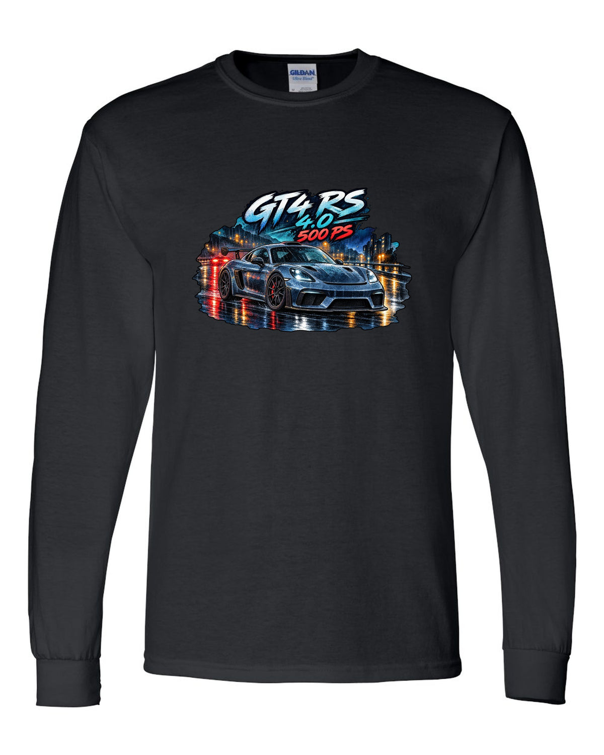 Porsche 982 Cayman GT4 RS wet road night watercolour design with 4.0 500 PS text black long sleeve front view with the design