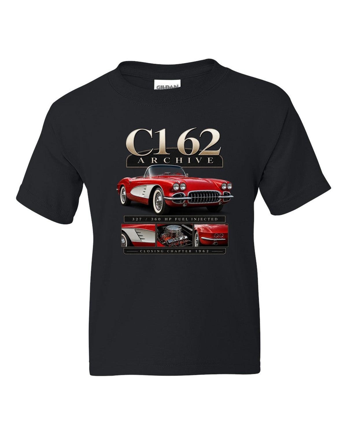 Corvette C1 1962 solid-axle roadster archive panel black kids tee front view with the design