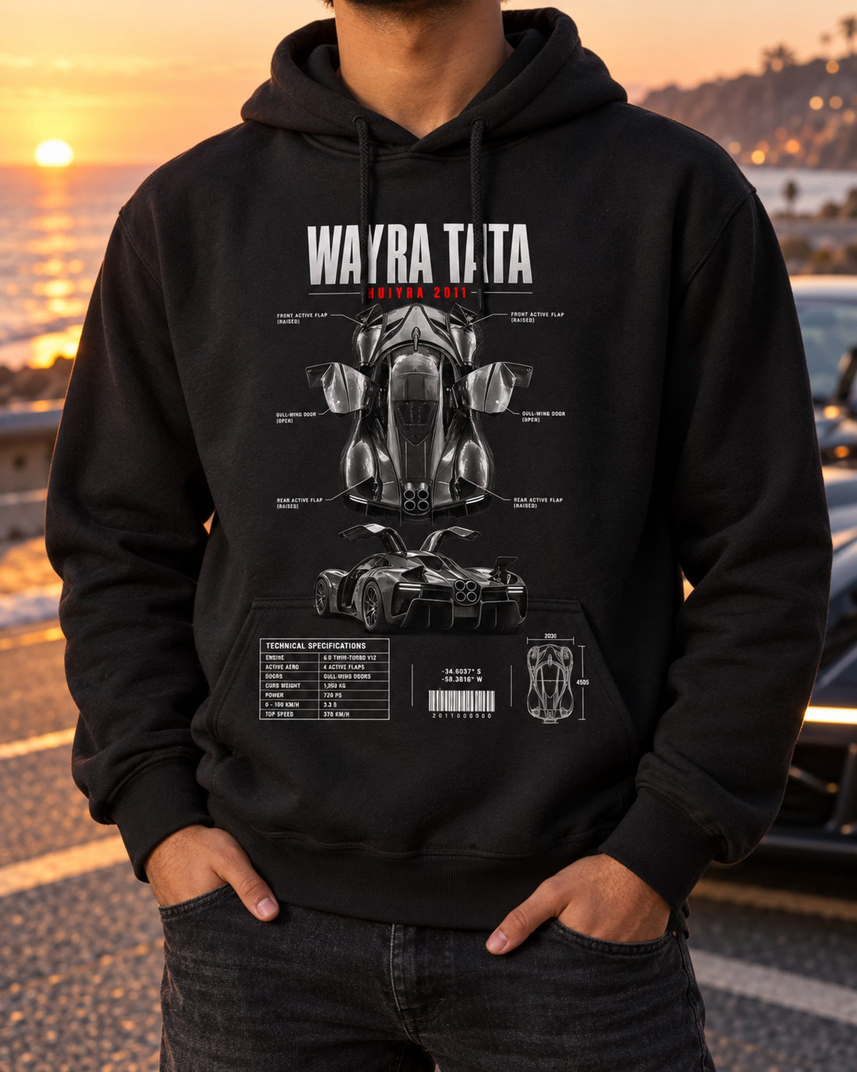 Pagani Huayra 2011 Wind Spec Poster Shirt, Hypercar Fan Gift Pull Over Hoodie Black worn hero