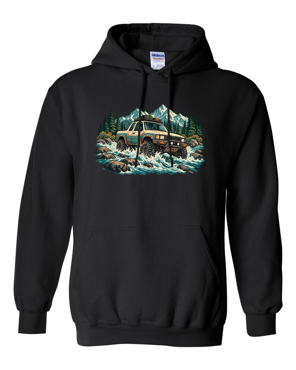 16-bit pixel art of a 2021 Ford F-150 Raptor Gen 3 P702 crossing a river with 5-LINK REAR lettering black pull over hoodie front view with the design