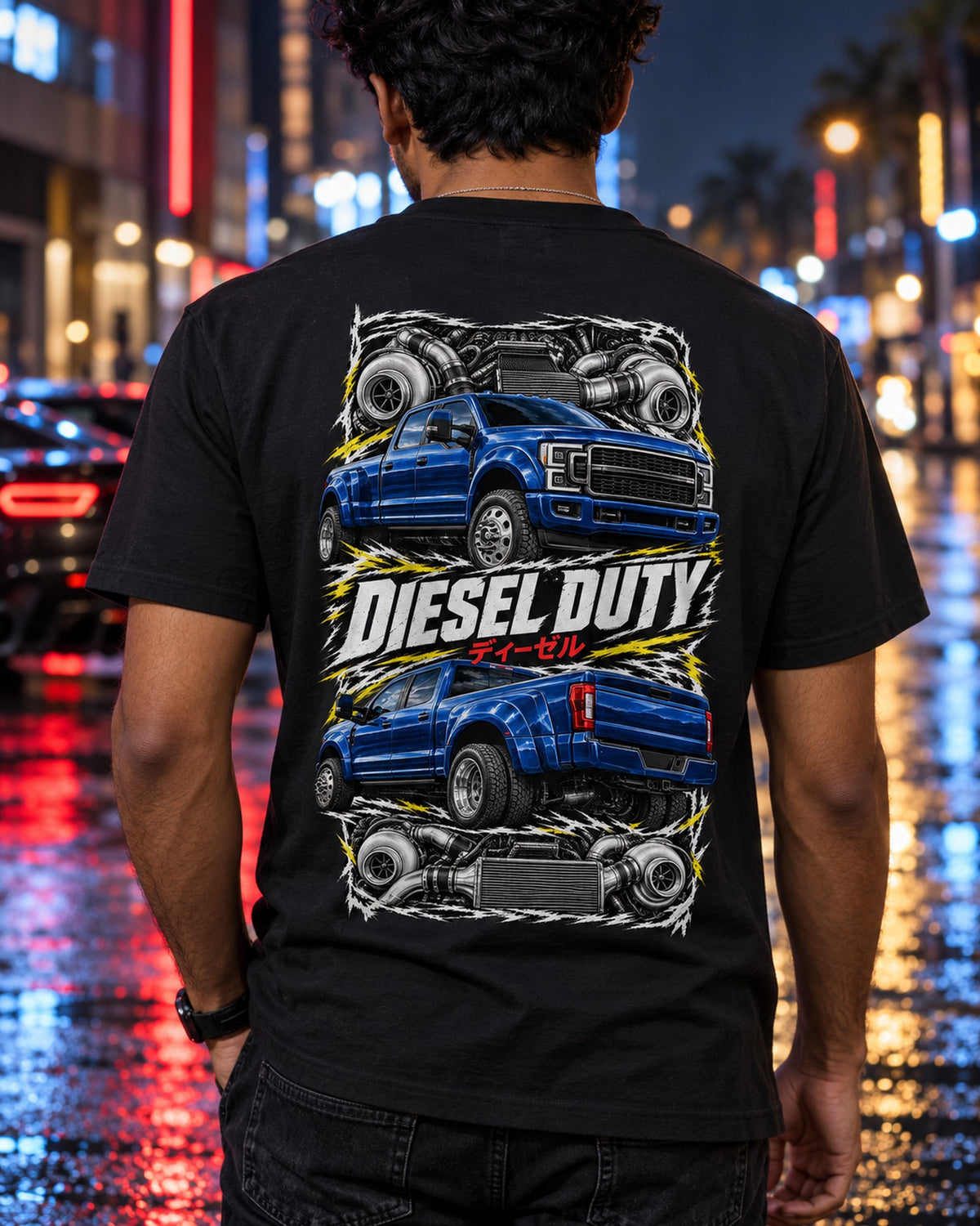 Ford F-250 Power Stroke Torn Poster Full-Back Graphic Tee T-Shirt Black worn hero